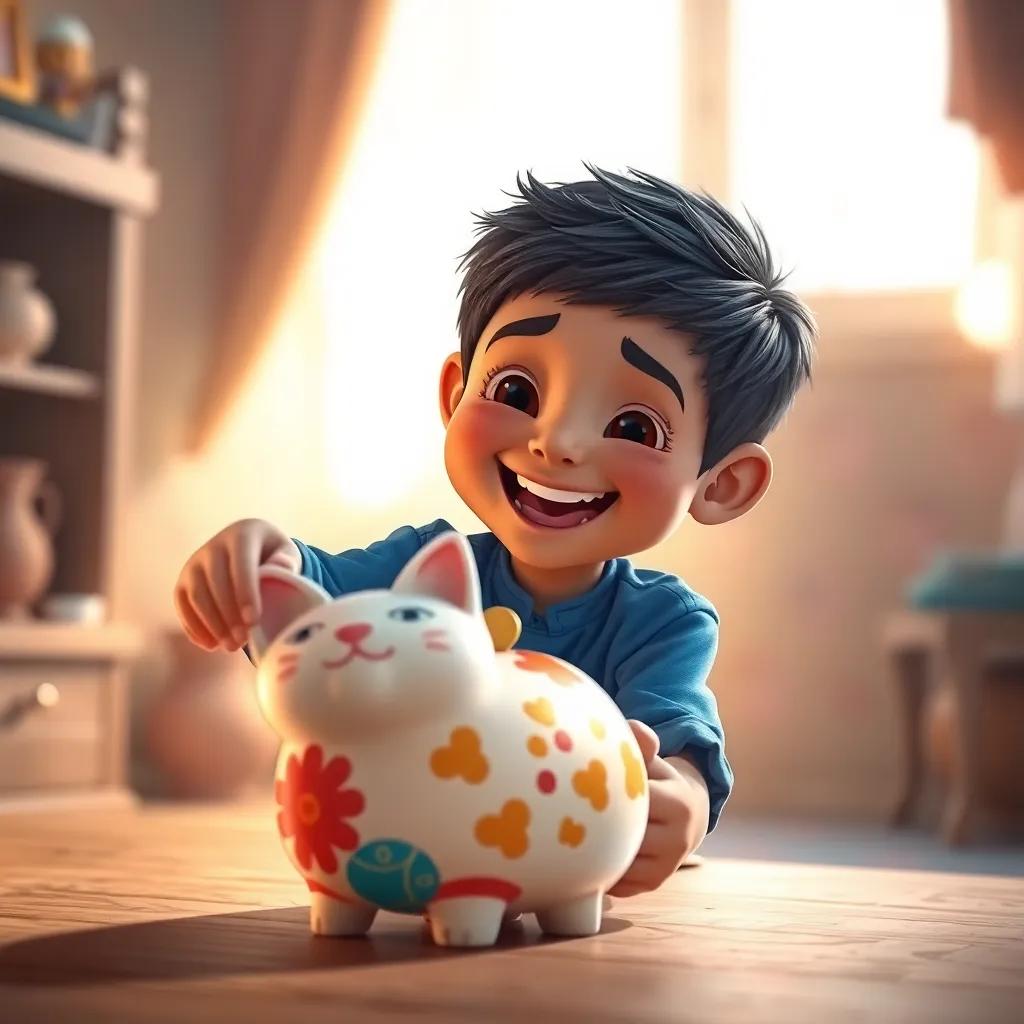 A joyful young Arab boy, Sami, with short black hair, wearing a blue shirt and white pants, putting coins into a colorful piggy bank shaped like a cat, warm light, inviting atmosphere, detailed, exciting moment, high quality