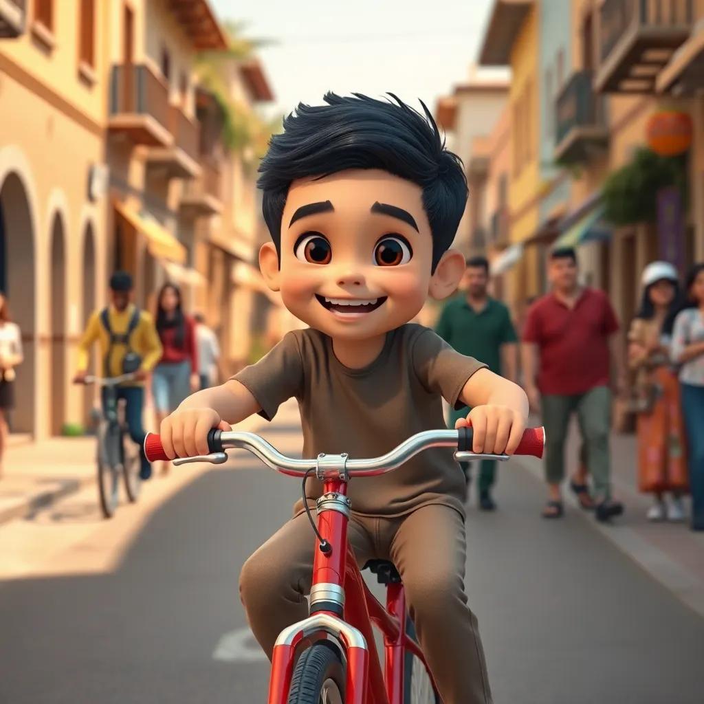 Sami, a young Arab boy, with short black hair, riding a shiny red bicycle with a big smile, in a spacious village street surrounded by friends, cheerful scene, bright colors, happy vibe, high quality
