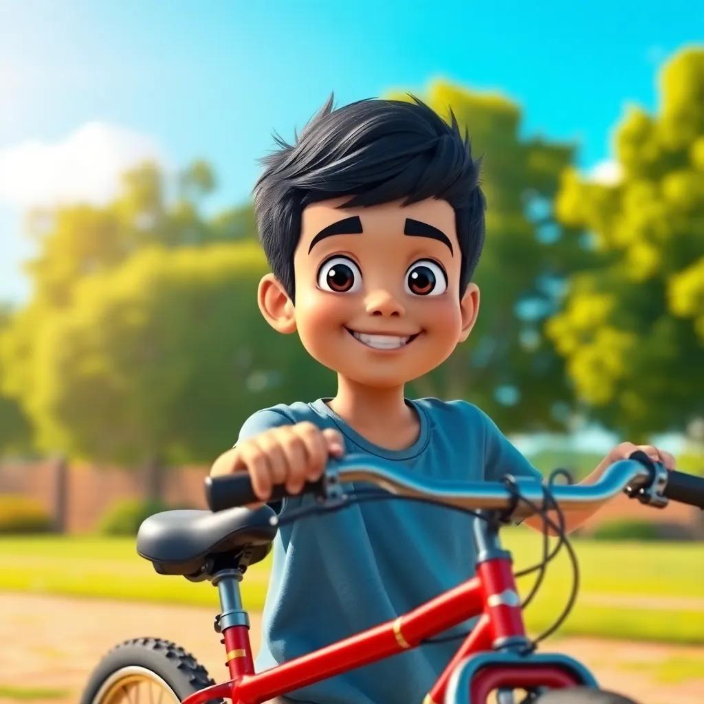 A proud young Arab boy, Sami, with short black hair, showing his friends his new red bicycle, with a bright sunny sky and green trees in the background, joyful moment, colorful, heartening environment, high quality