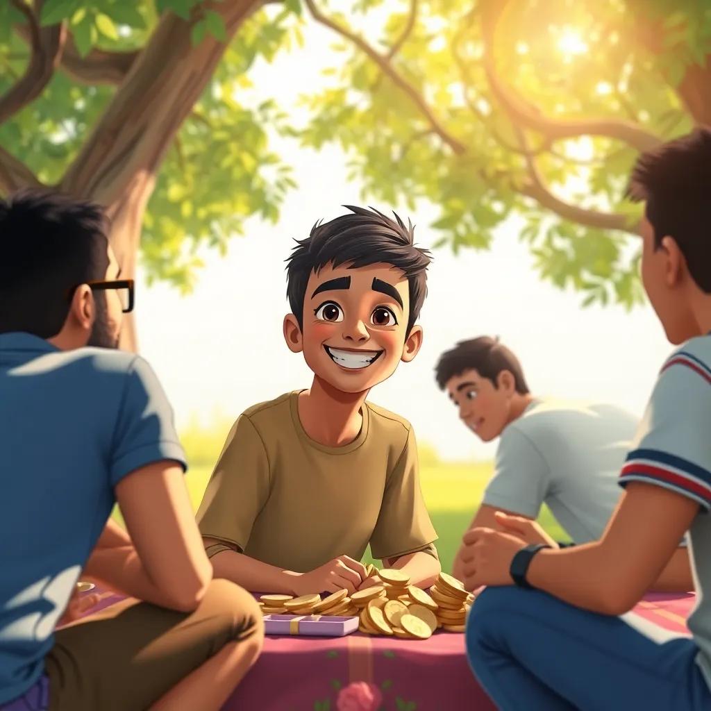A young Arab boy, Sami, with short black hair, smiling surrounded by his friends as they plan to save money, at a picnic under a tree, engaging scene, fresh colors, positive atmosphere, high quality