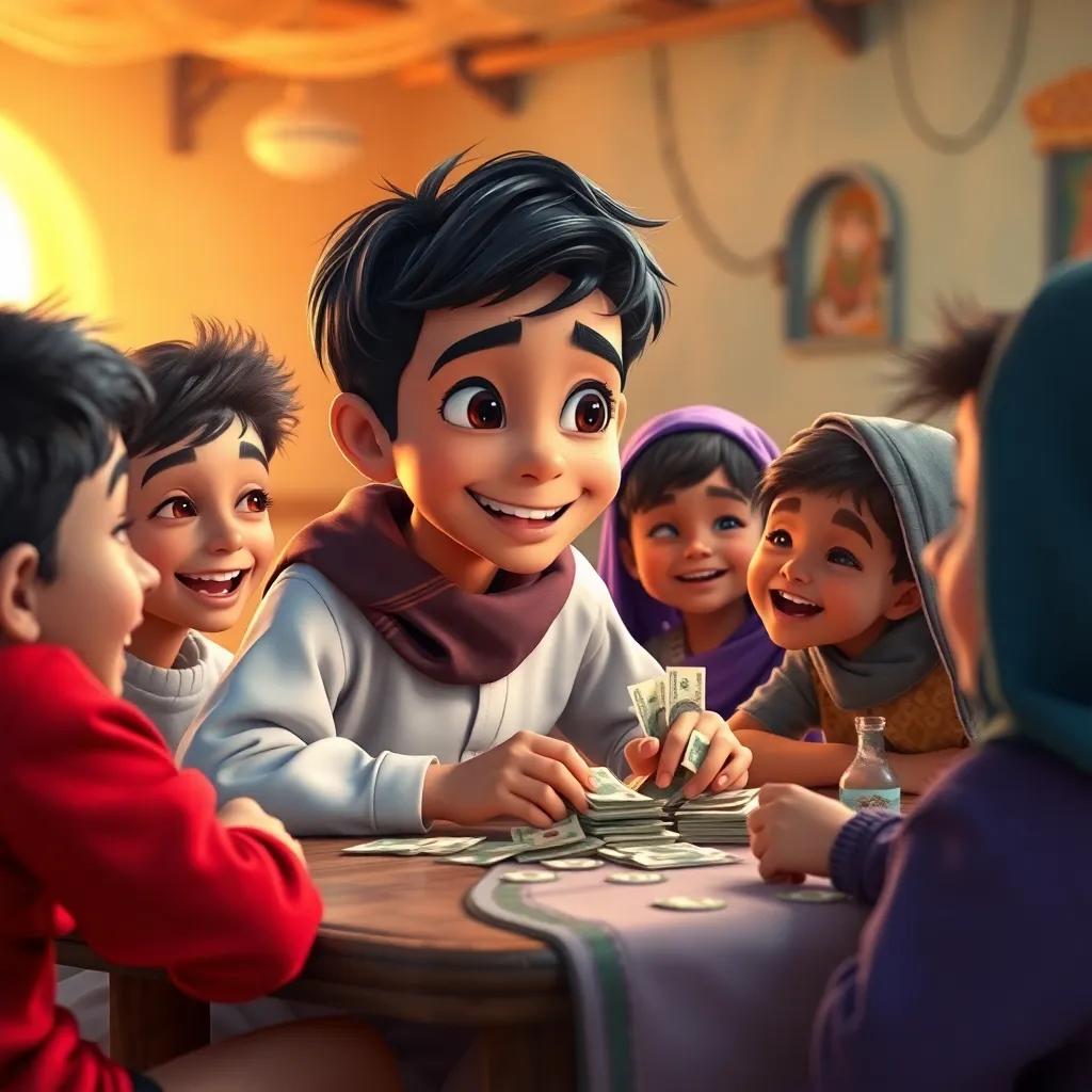 Sami, a young Arab boy, with short black hair, sitting with friends at a table, counting their saved money, in a colorful village setting with laughter, warm light, joyful interaction, high quality