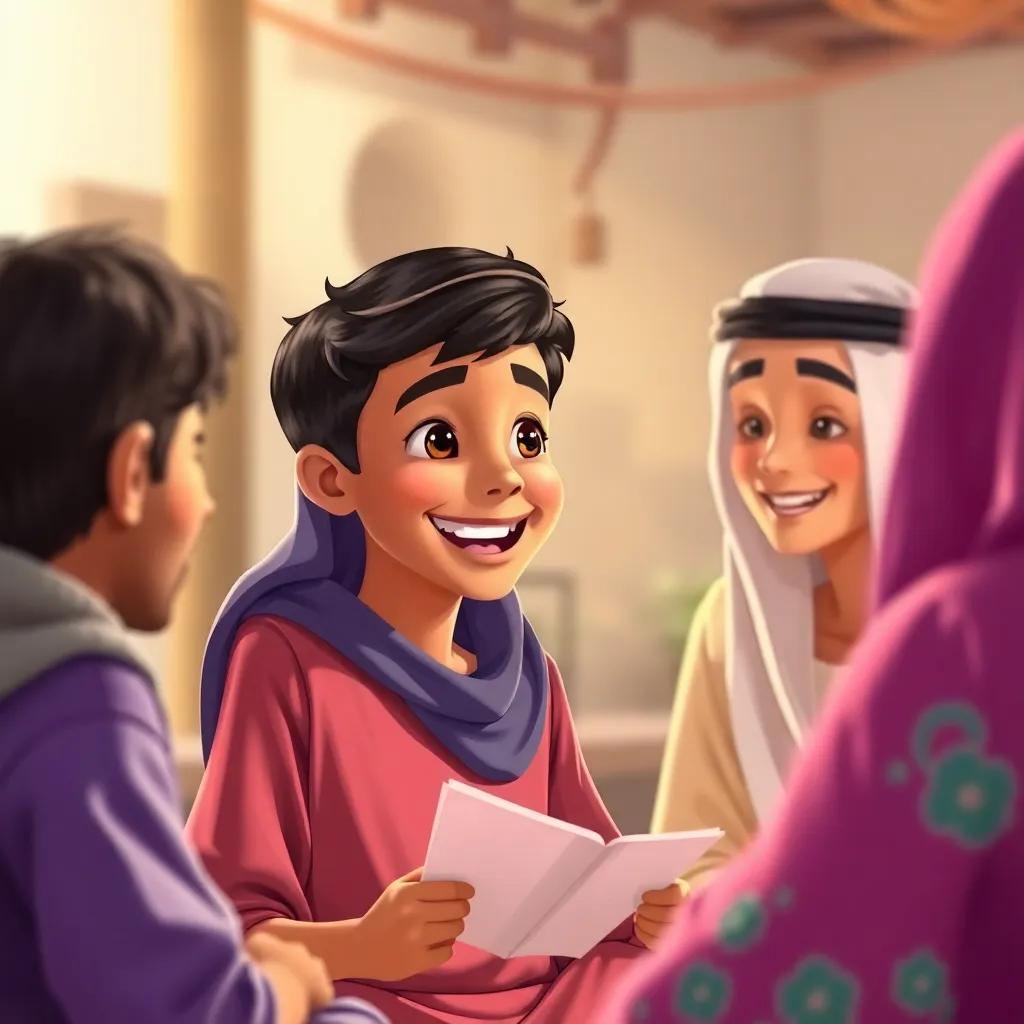 A happy young Arab boy, Sami, with short black hair, sharing stories of his savings success with friends, at a gathering in the village, friendly environment, bright colors, uplifting aura, high quality