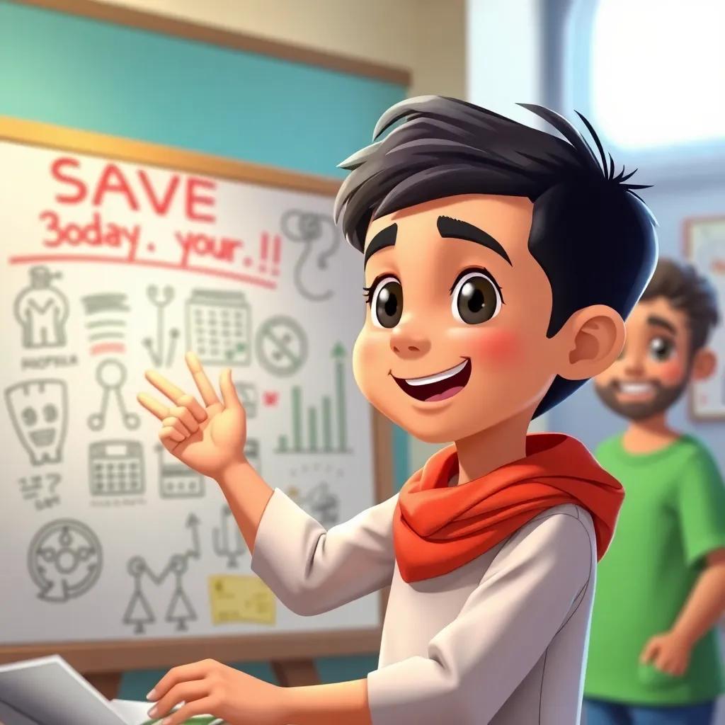Sami, a young Arab boy, with short black hair, inspiring his friends about saving money, with drawings and plans on a colorful board, enthusiastic atmosphere, vivid colors, motivating scene, high quality