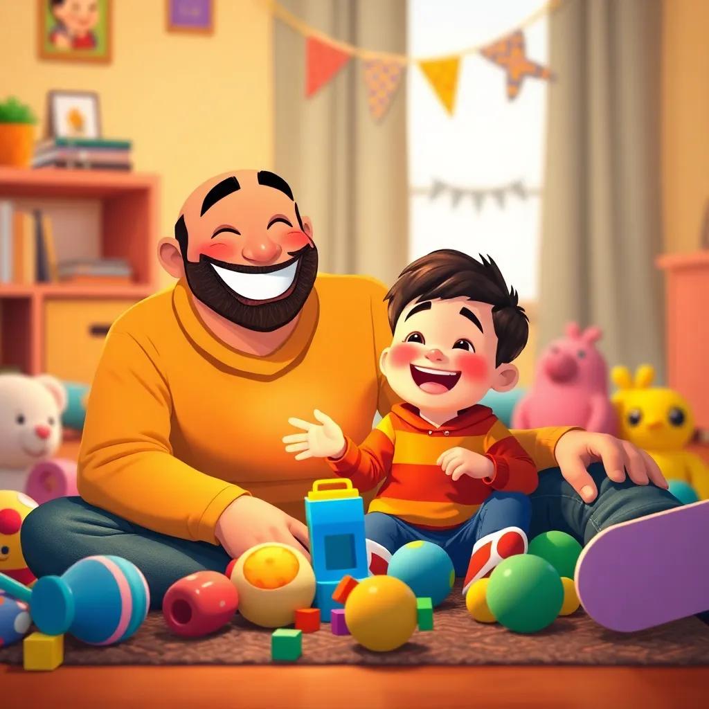 A kind father, Sami, smiling and sitting on the floor with his cheerful young son, Ali, surrounded by colorful toys, illustrating a warm family moment, digital art, cheerful colors, inviting atmosphere, high quality