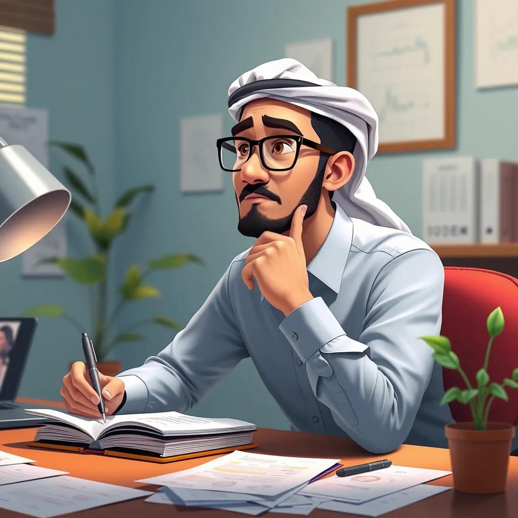 A thoughtful Middle Eastern man, سعيد, in his 30s, wearing a smart shirt and glasses, sitting at a desk with a notebook and pen, surrounded by papers and a plant, exploring ideas, digital art, professional atmosphere, bright colors, high quality