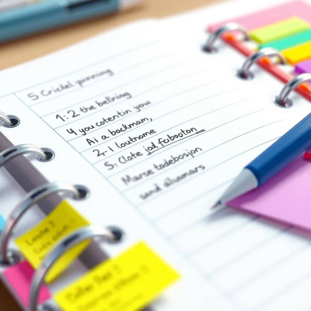 A close-up of a planner with neatly written tasks and colorful sticky notes, reflecting organization and preparation, illustration, vibrant, cheerful, child-friendly