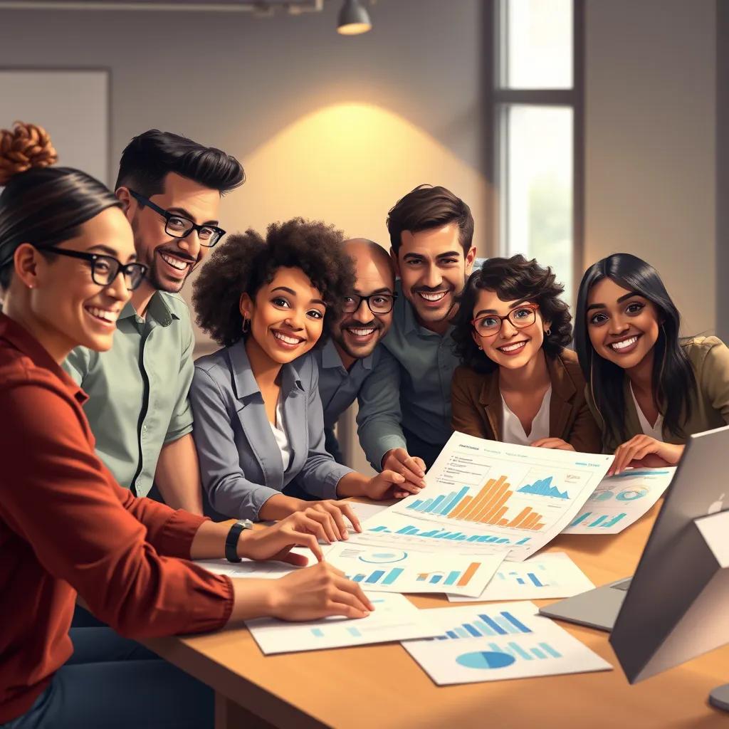 A diverse team of coworkers, smiling and collaborating on a project, with charts and graphs on a table, showcasing teamwork, digital painting, warm light, inviting, uplifting