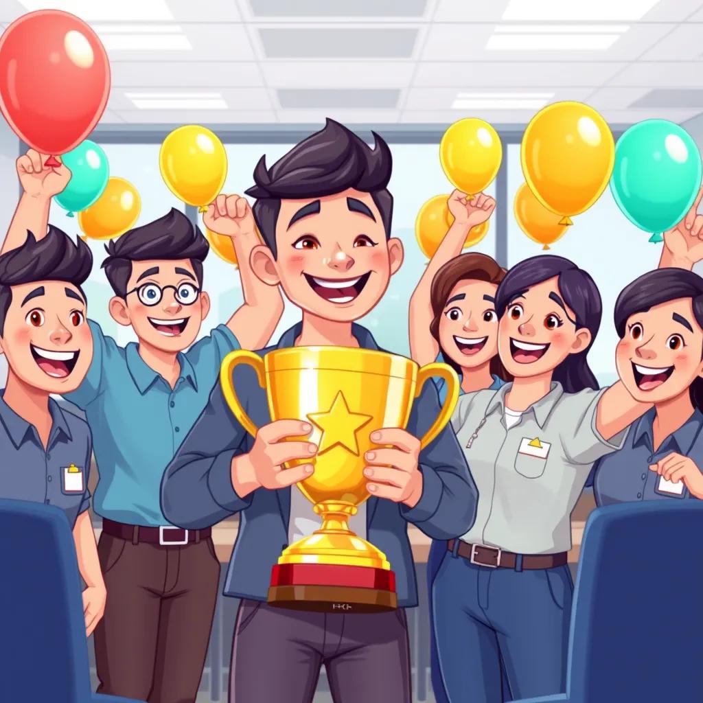 A successful project celebration, with سعيد and his team holding a trophy, in an office decorated with balloons, joyful and festive mood, illustration, lively colors, engaging