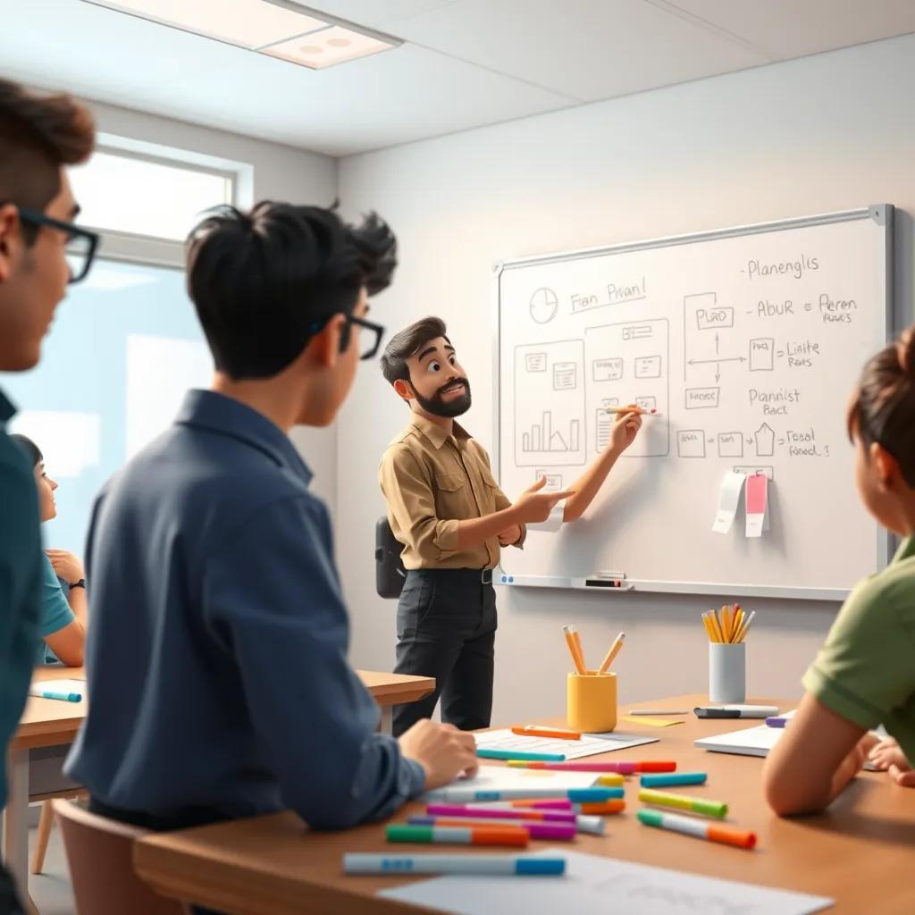 A classroom scene where سعيد teaches planning techniques to eager workers, using a whiteboard and colorful markers, fostering learning and engagement, digital art, educational, bright and inspiring