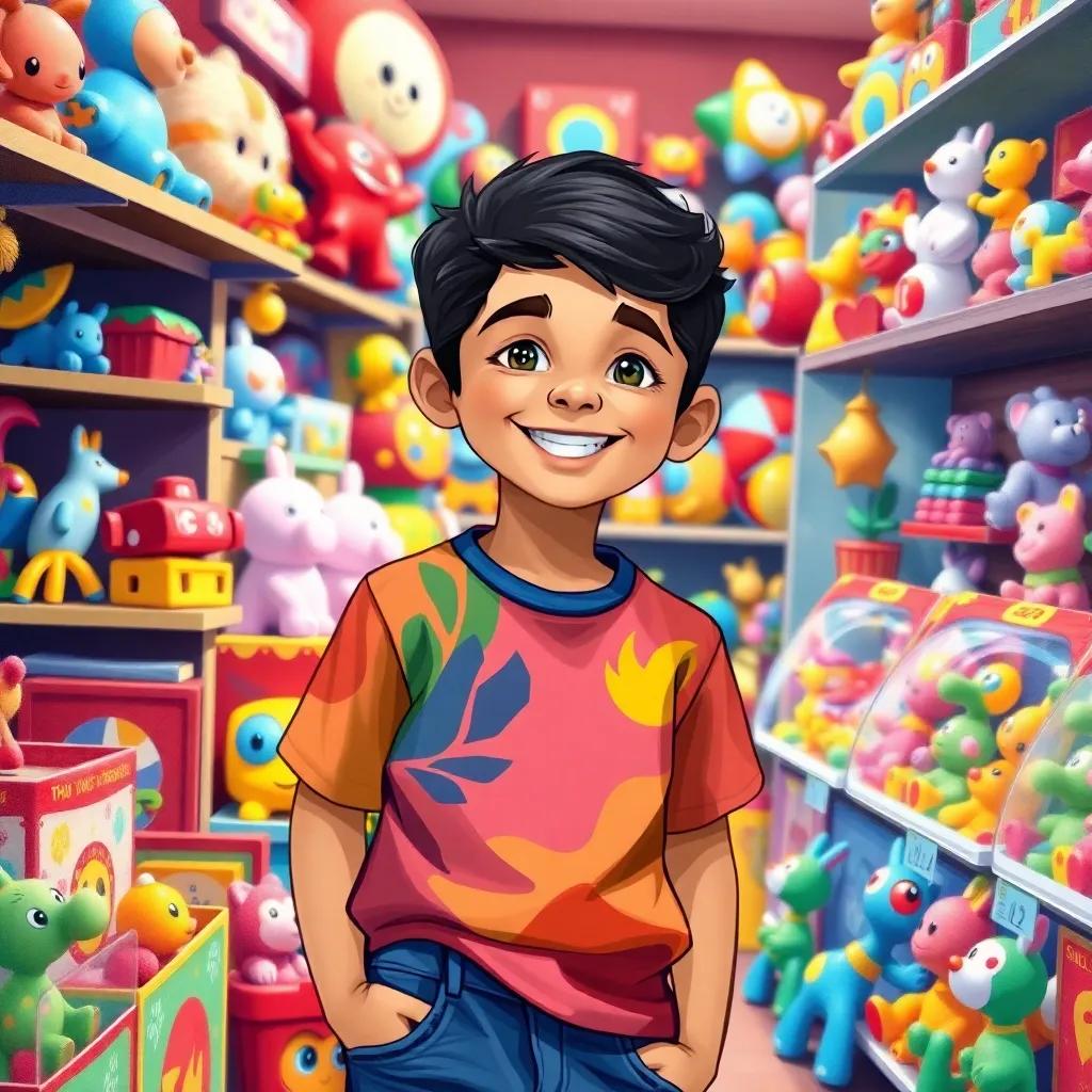 A cheerful young Arab boy, Sami, with short black hair, wearing a colorful t-shirt and jeans, smiling at a toy store filled with vibrant toys, joyful atmosphere, illustration, bright and engaging.