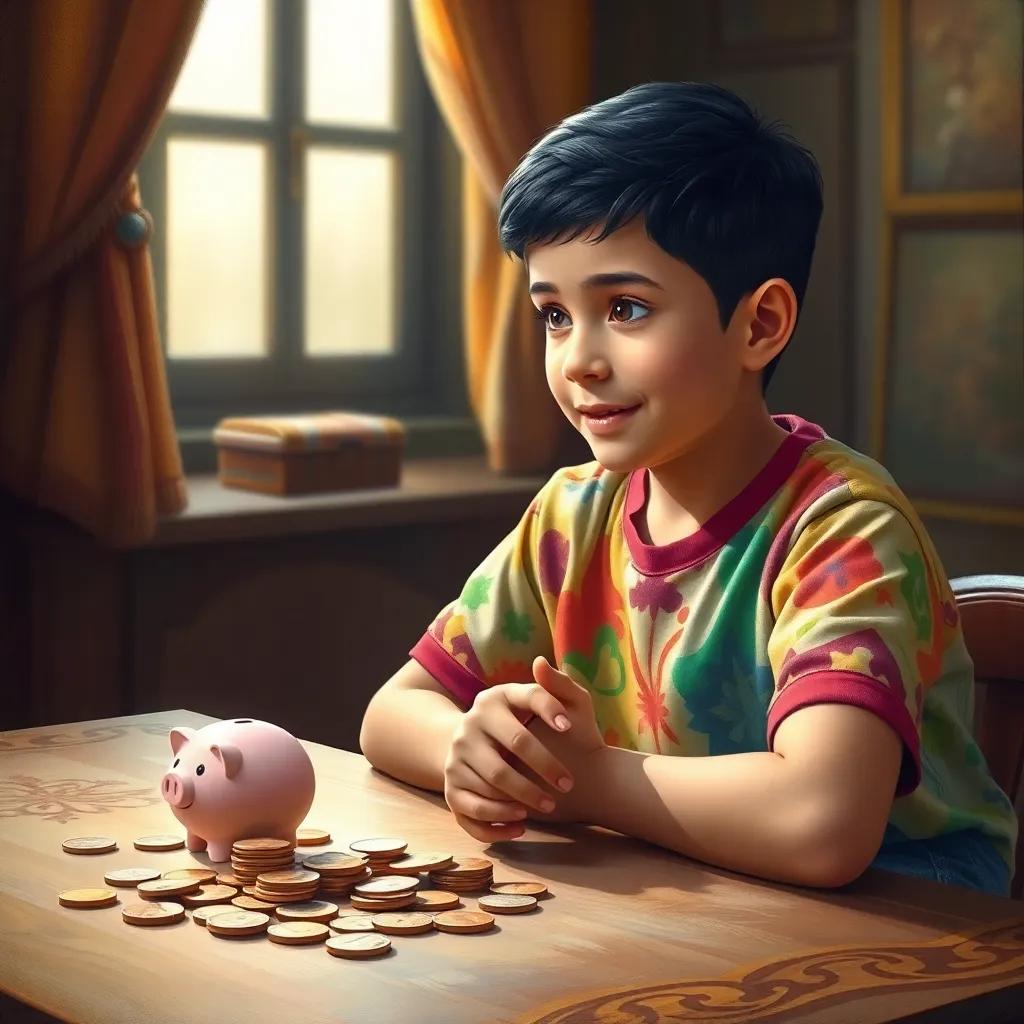 A young Arab boy, Sami, with short black hair, in a colorful t-shirt and jeans, sitting at a table with coins and a small piggy bank, looking excited and focused, warm light, lively colors, scene of saving money.