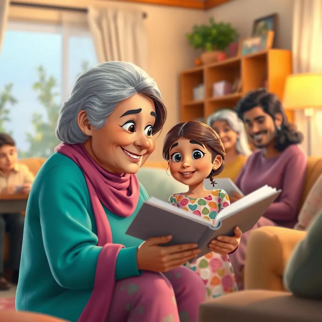 A warm family gathering scene with a loving grandmother, Niel, a young Arab girl, with brown hair, wearing a colorful dress, smiling and sharing stories in a cozy living room with family members, digital art, lively colors, cheerful atmosphere, inviting perspective, high quality