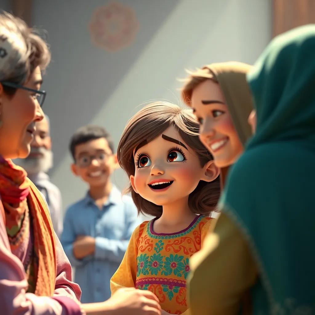 A joyful moment showing Niel, a young Arab girl, with brown hair and a colorful dress, listening intently to her grandmother, surrounded by her friends, who are eager to share their family stories too, bright colors, uplifting light, dynamic perspective, engaging quality