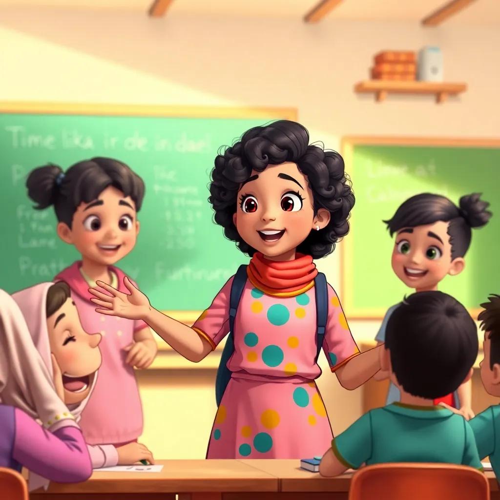 Lina, a young Arab girl with curly dark hair in a colorful classroom outfit, passionately speaking to her classmates at school, with a chalkboard behind her and her friends listening eagerly, warm light, friendly environment, lively classroom scene, illustration, cheerful