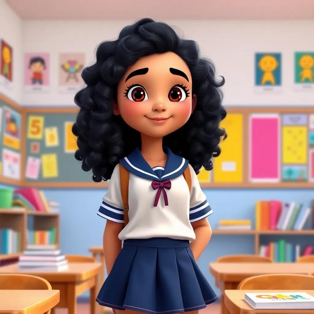 A young cartoon girl, Leila, with curly black hair, wearing a colorful school uniform, standing confidently in a classroom filled with books and colorful posters, vibrant digital art, bright colors, cheerful atmosphere, high quality