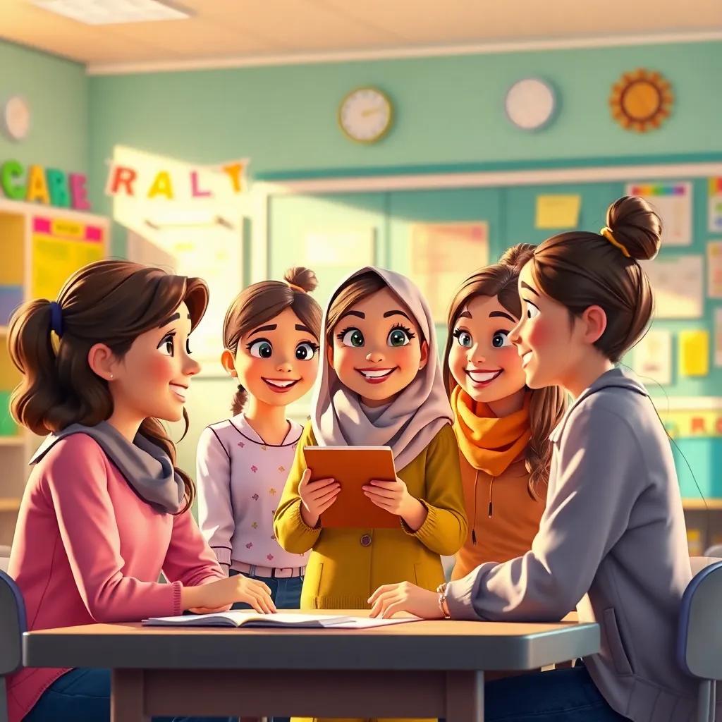 Leila with her friends discussing the importance of teachers, all girls smiling and sharing ideas, colorful classroom decorations surrounding them, warm light highlights their enthusiasm, digital art, bright and cheerful vibes
