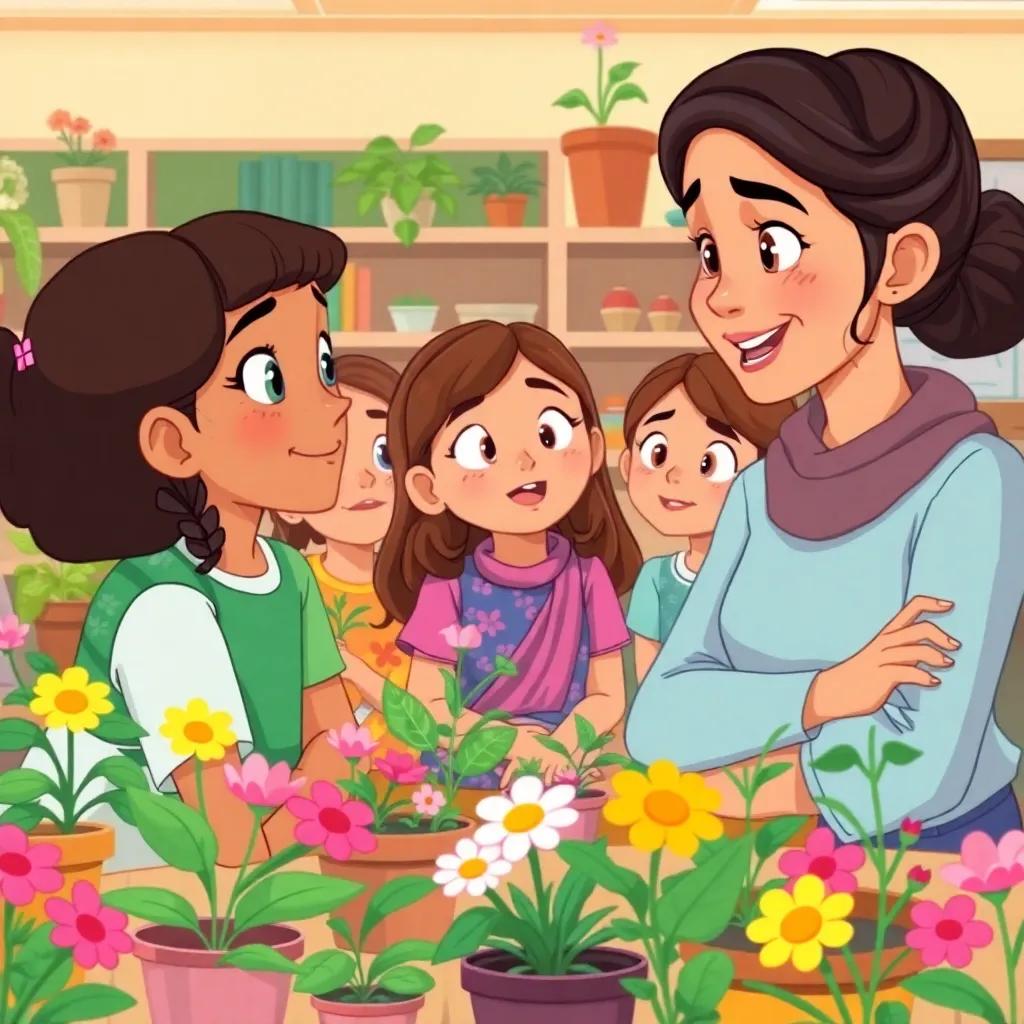 Leila comparing teachers to gardeners, the classroom filled with plants and flowers, the girls listening intently, a sense of wonder on their faces, colorful, educational setting, illustration, friendly, vibrant quality