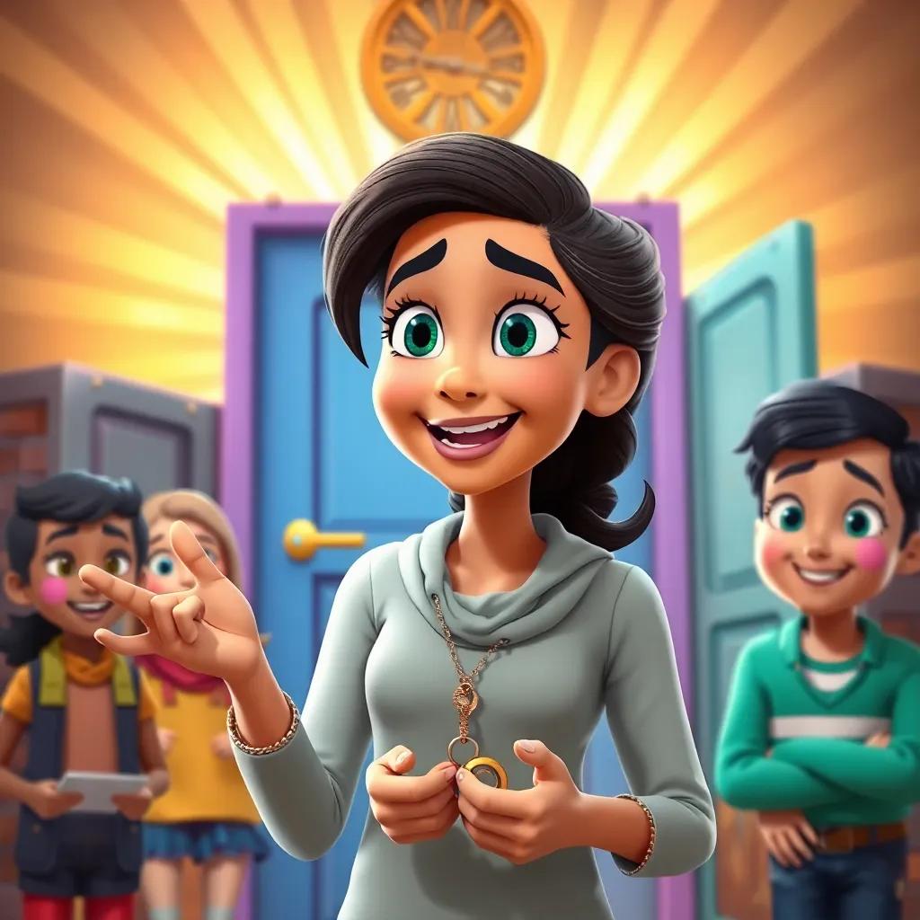 Leila animatedly explaining knowledge as keys to doors, with imaginative imagery of doors behind her, her friends looking curious and eager to learn, dynamic colors, inspiring background, digital art, playful and engaging