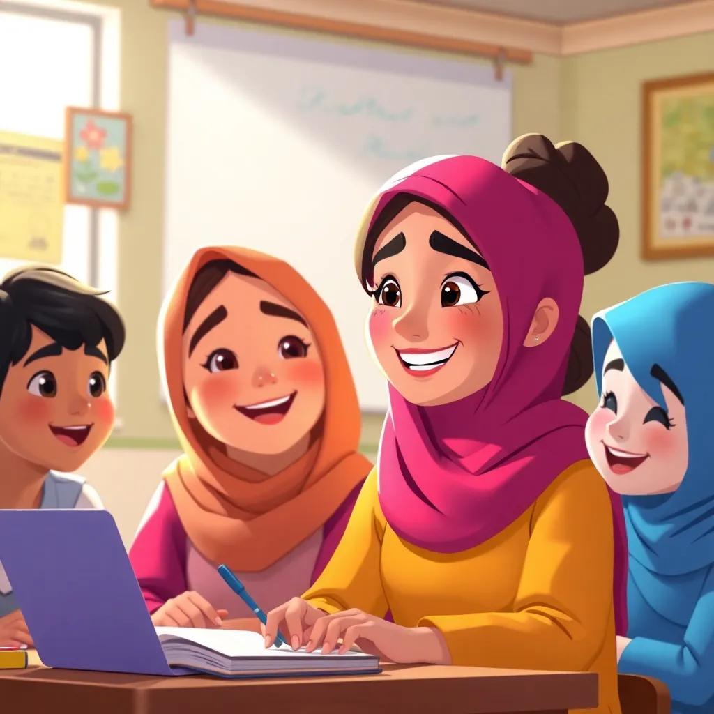 Mariam recalling how their teacher helped them write, with soft light illuminating her smile, joyful expressions on the faces of Leila and friends, cheerful classroom environment, warm colors, community feel, illustration, happy