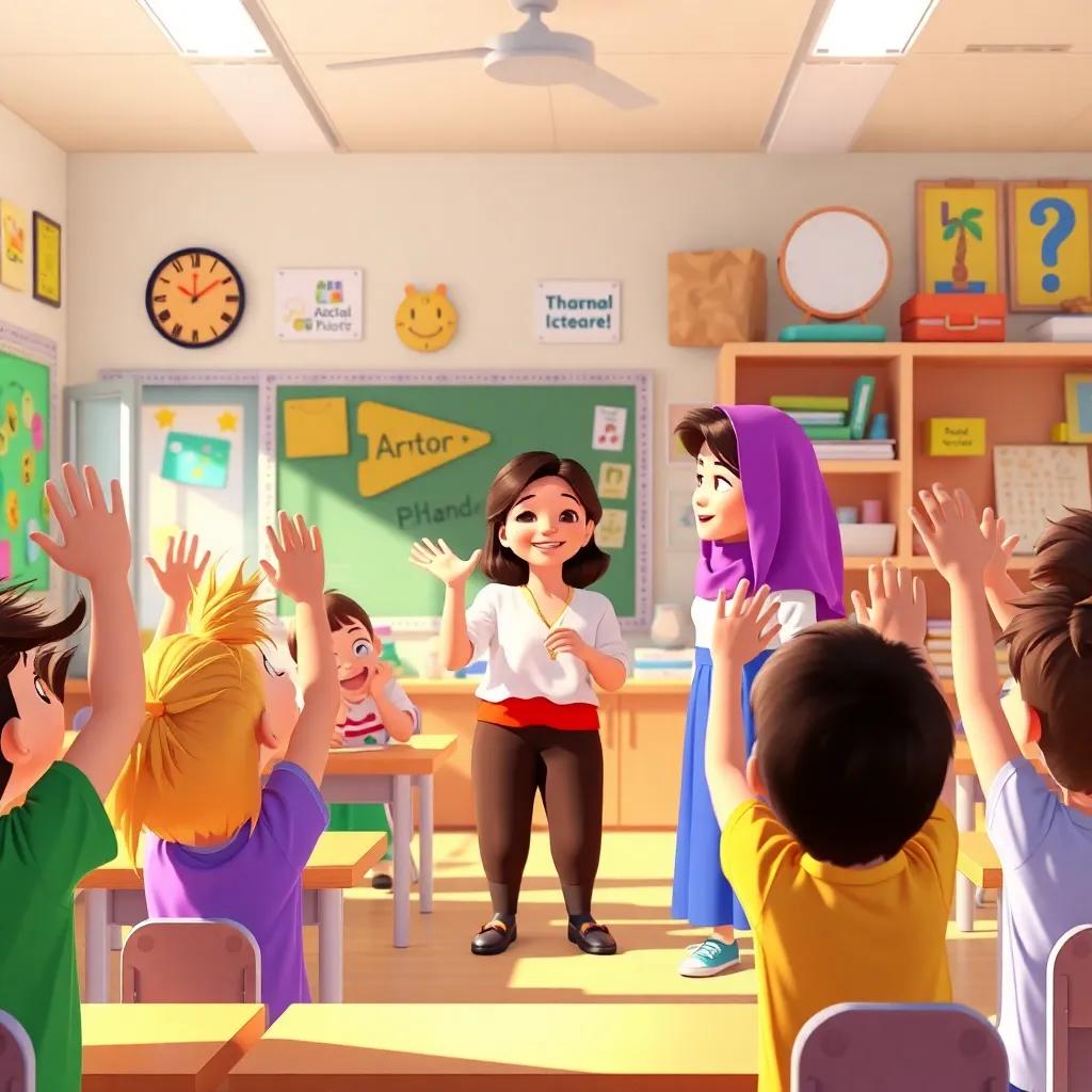 Leila encouraging everyone to thank the teacher, students raising their hands cheerfully, bright classroom filled with art and educational materials, colorful, uplifting atmosphere, digital art, vibrant