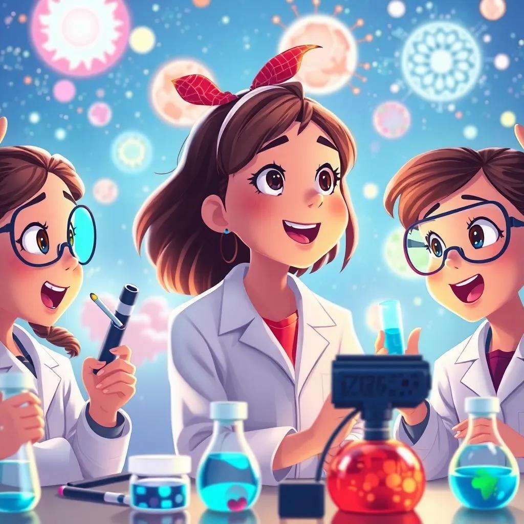 The girls dreaming of becoming scientists, imagining a world filled with science tools and discoveries, excited expressions and bright colors creating a vivid scene, engaging digitally rendered, artistic