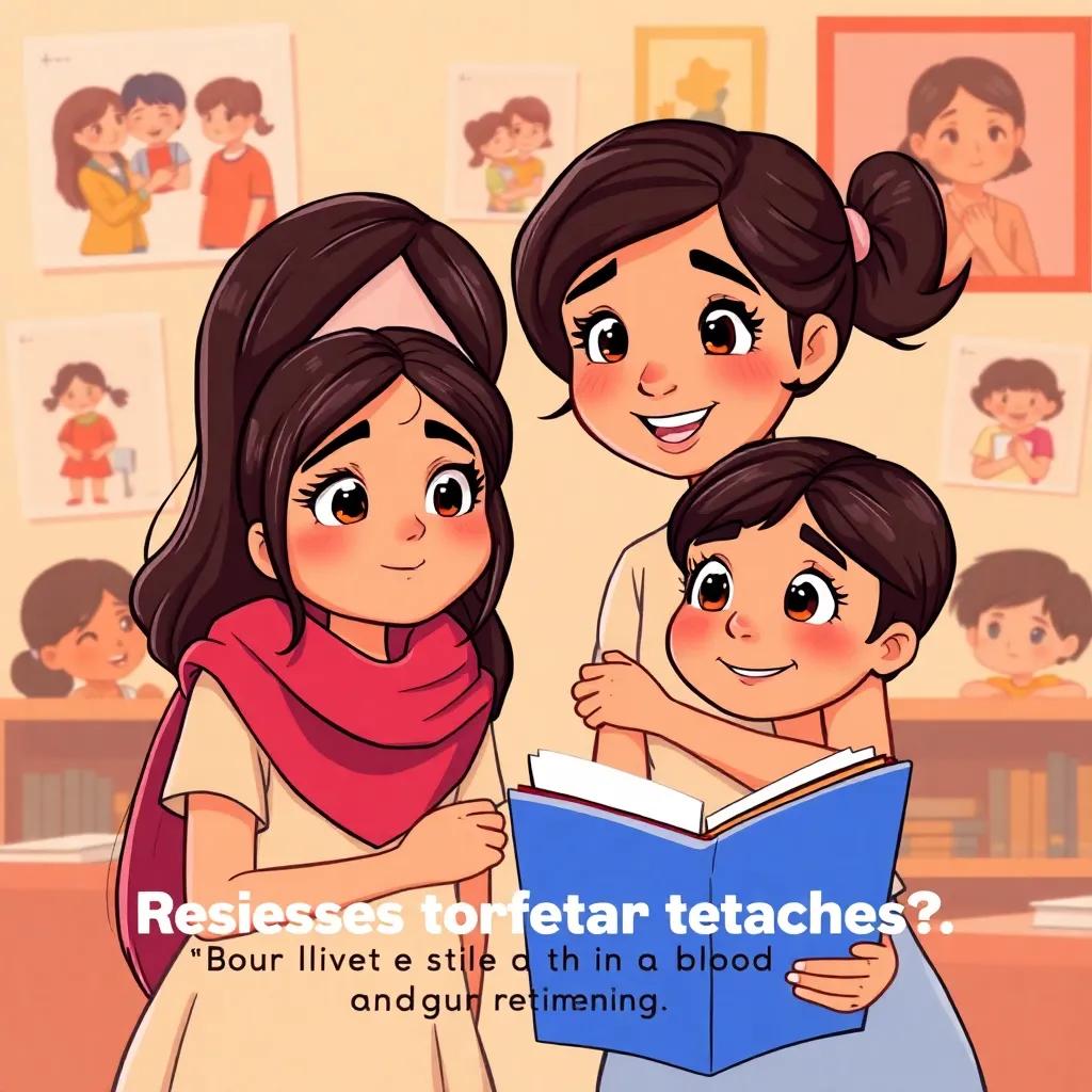 Leila reminding her friends about respect for teachers, images of kindness and learning in the background, warm colors surrounding them, while the girls underline the importance, illustration, positive and inspiring theme