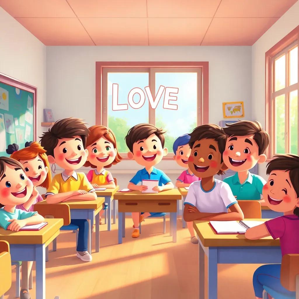 The classroom radiating love and knowledge with happy faces, a sunny day outside the window, colorful and warm light, creating a joyful environment of learning, digital painting, cheerful and spirited atmosphere