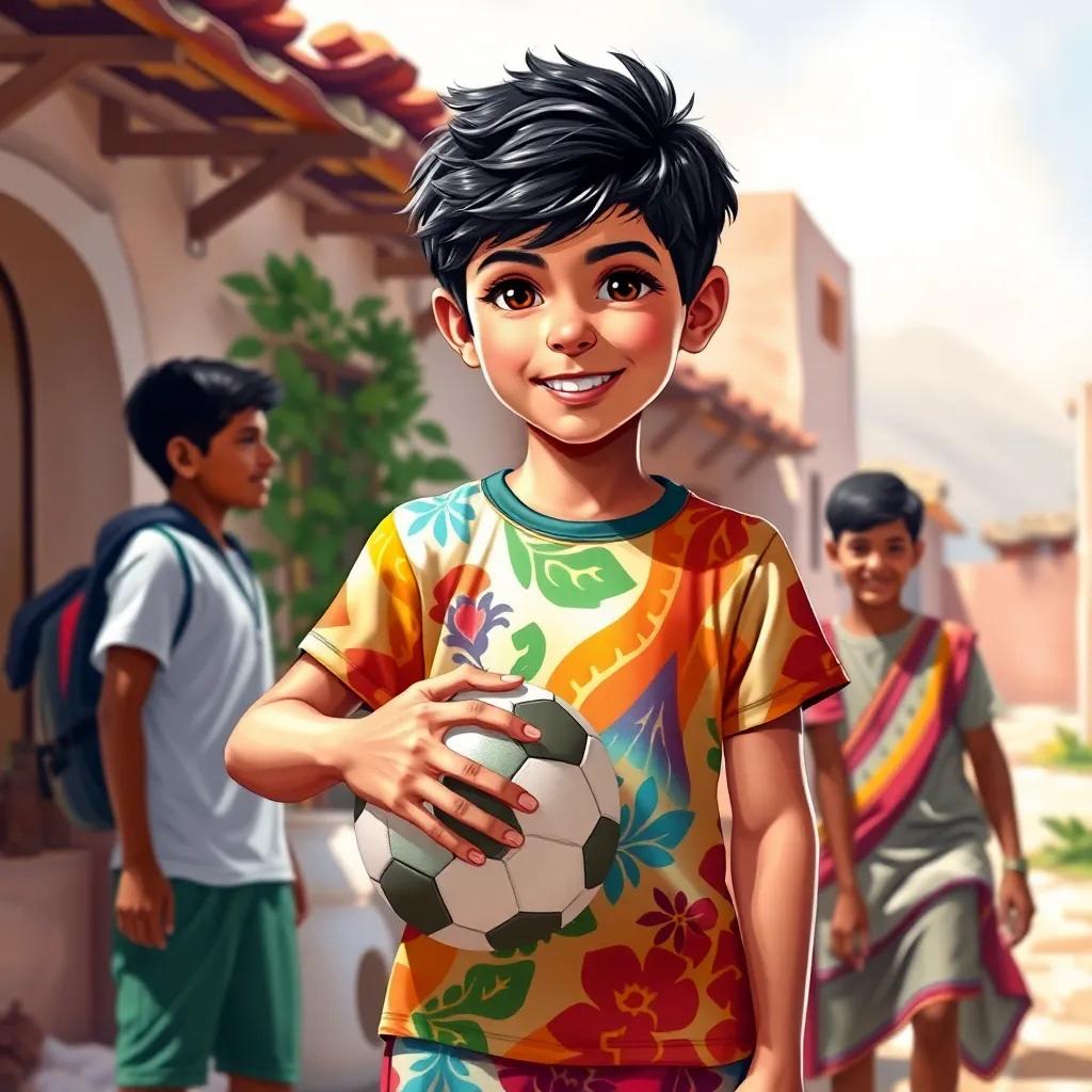 A young Arab boy, with black hair, wearing a colorful T-shirt and shorts, standing with friends while holding a football, in a sunny village, digital art, cheerful colors, friendly atmosphere, high quality