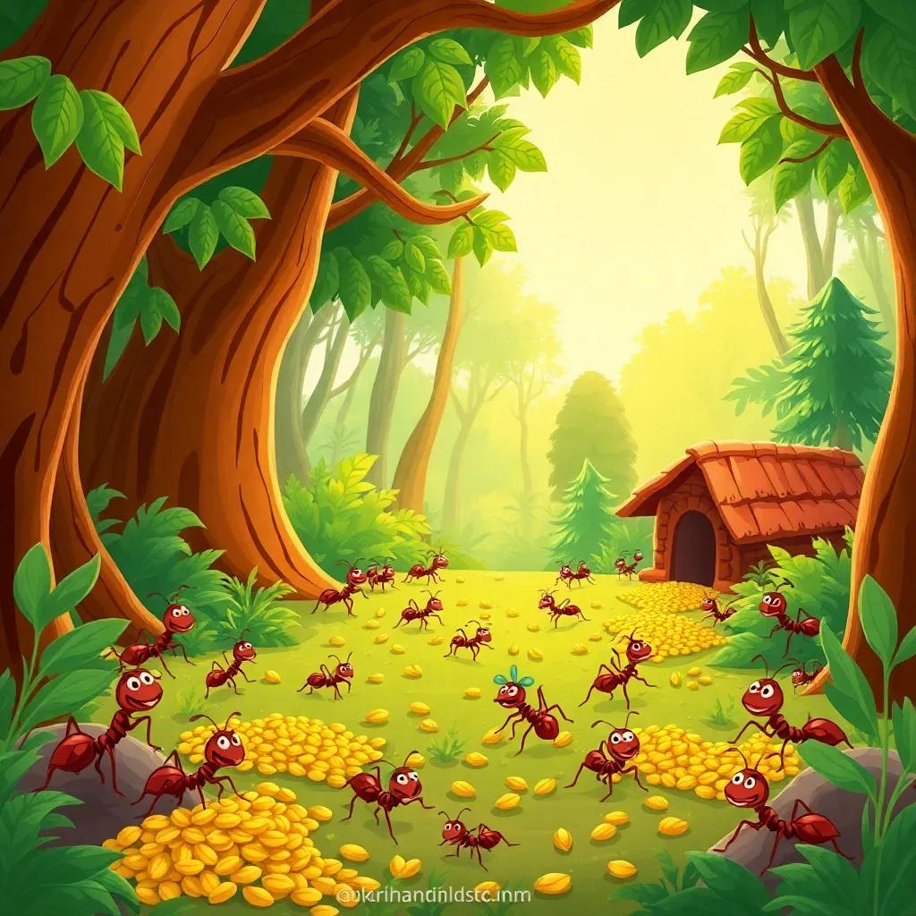 A busy ant village in the forest, with ants joyfully gathering grains under warm sunlight, vibrant colors, cheerful atmosphere, cartoon-style illustration