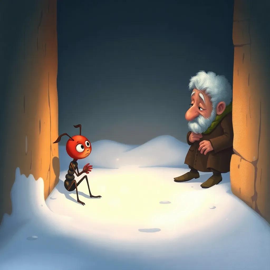A sad ant sitting alone in a corner, looking hungry and lonely, with winter snow around her and her old neighbor approaching with kindness, soft light, warm colors, heartwarming scene, detailed illustration