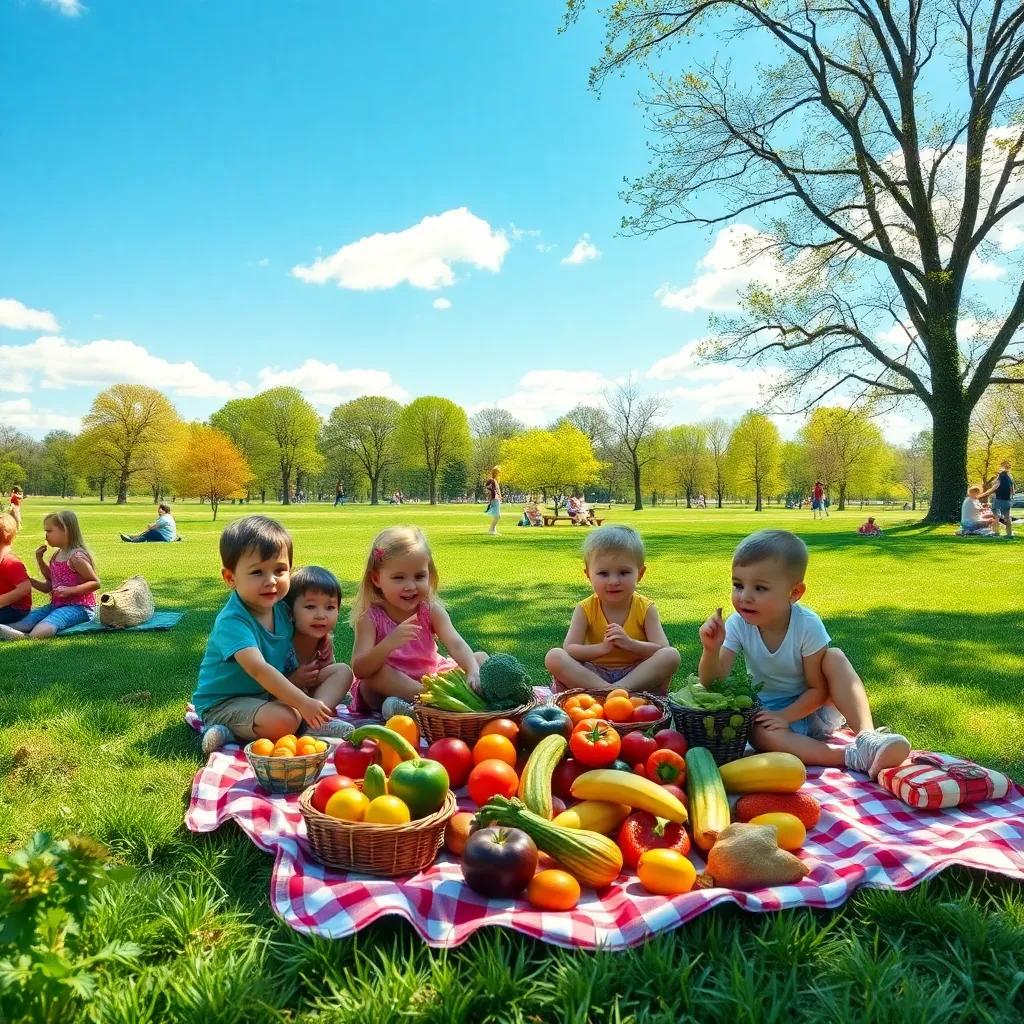 A sunny day in a large park with children playing and having a picnic, with colorful fruits and vegetables on a picnic blanket, cheerful atmosphere, vibrant colors, high quality