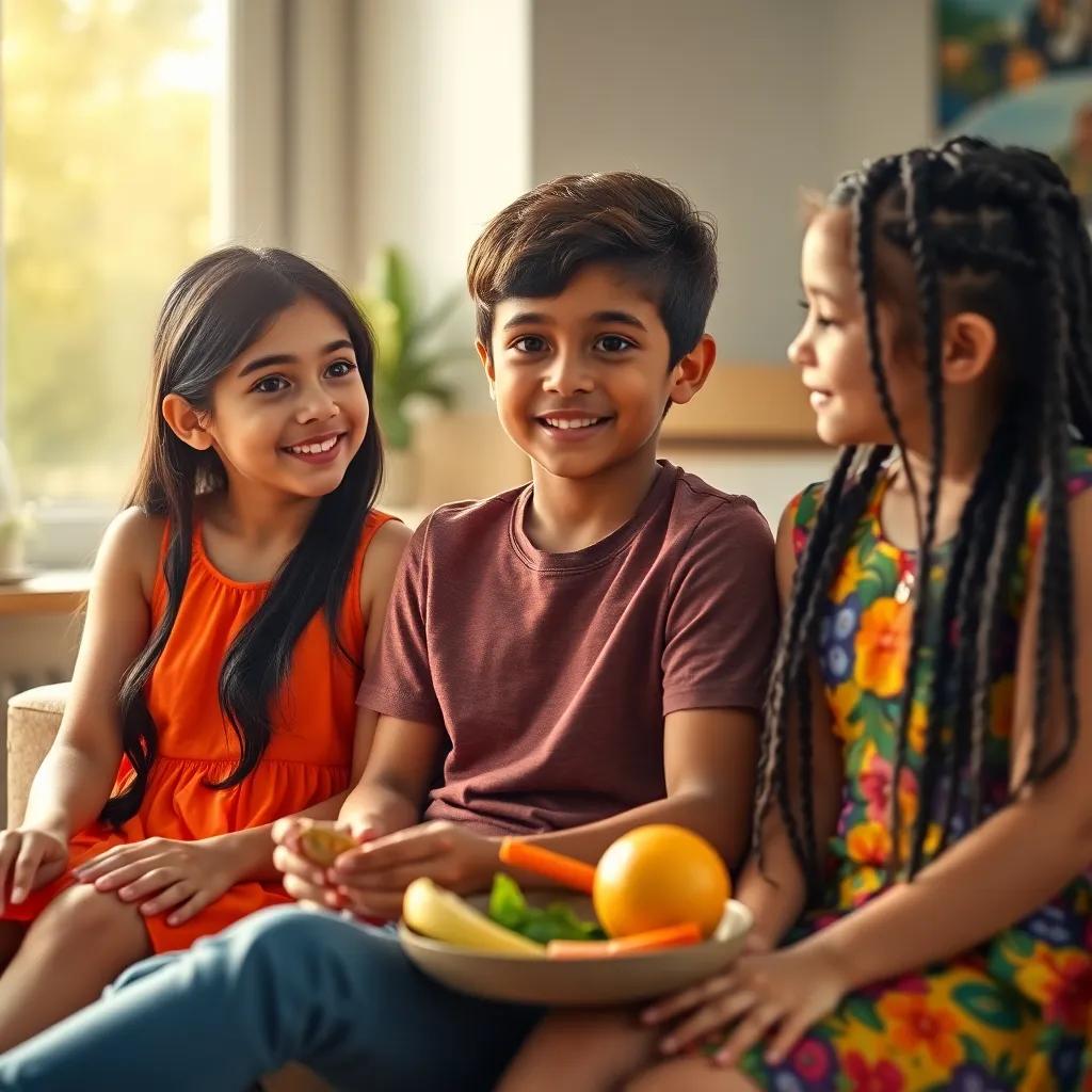 A group of three friends, a girl named Leila with long black hair wearing a bright dress, a boy named Ali with short brown hair in a t-shirt, and a girl named Sarah with braids and a colorful outfit, sitting together and discussing healthy foods, warm light, friendly setting, engaging look