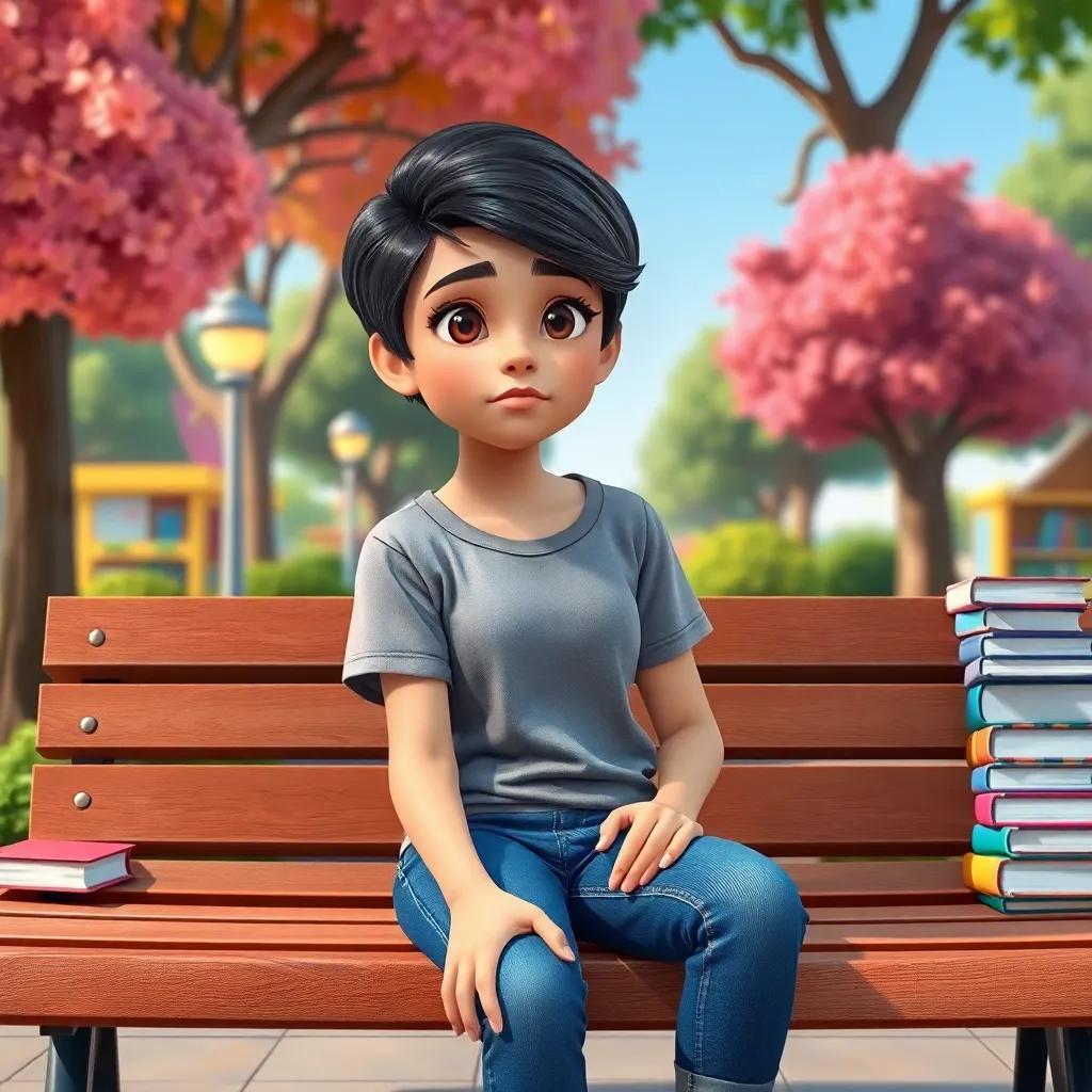 A young Arab girl, Leila, with short, dark hair, wearing a casual t-shirt and jeans, sitting on a park bench with an uninterested expression, surrounded by colorful books and trees, cheerful environment, digital art, vibrant colors, playful atmosphere, high quality
