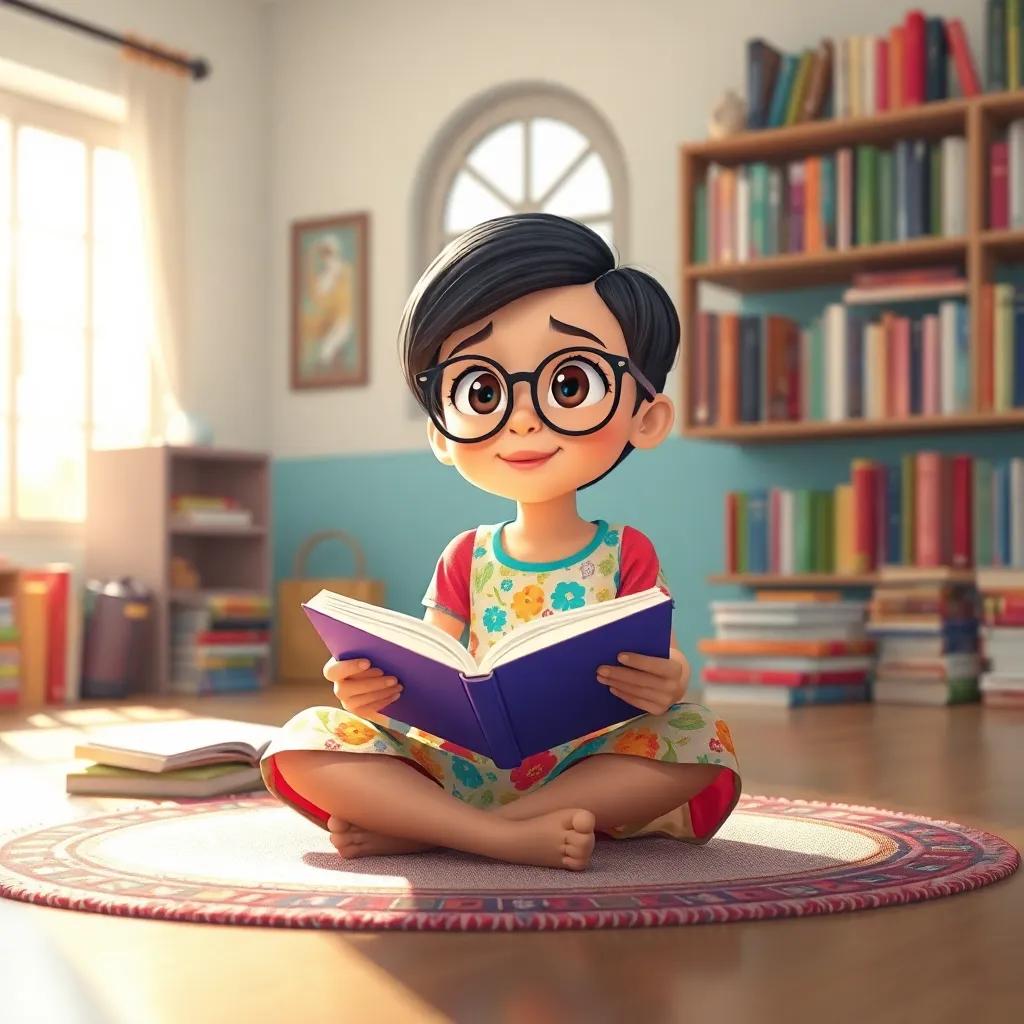 A young Arab girl, Leila, with short, dark hair, wearing a colorful dress and glasses, sitting cross-legged on a rug with a book in her hands, looking amazed, in a sunny room filled with books, cozy and inviting, warm light, bright colors, storytime view, high quality