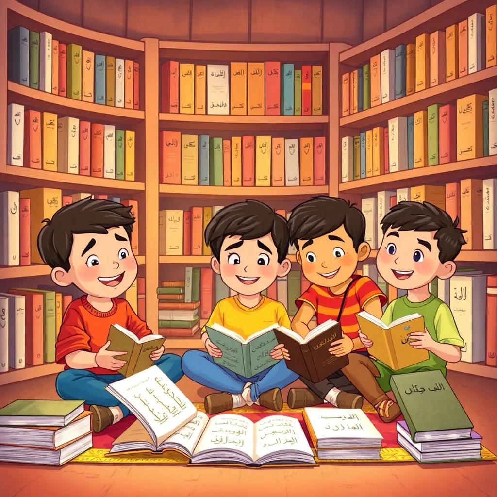 A cozy library filled with Arabic books, showing Tarek and his friends sitting together on the floor with books open in front of them, animated expressions of joy and curiosity on their faces, warm light, inviting setting, illustration, child-friendly