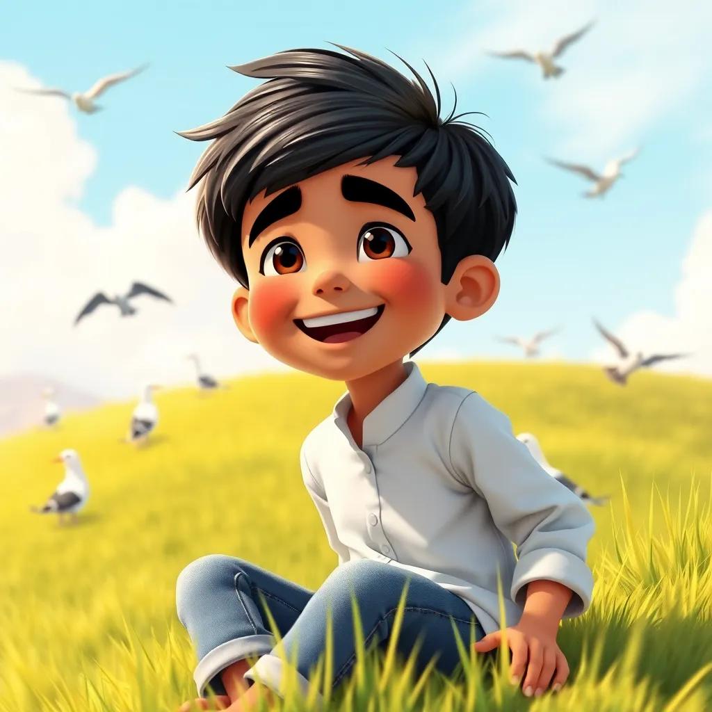 A young Arab boy, Salim, with short black hair, wearing a simple white shirt and jeans, sitting on a grassy hill with birds in the background, joyful expression, sunny day, digital art, vibrant colors, warm and uplifting atmosphere, high quality