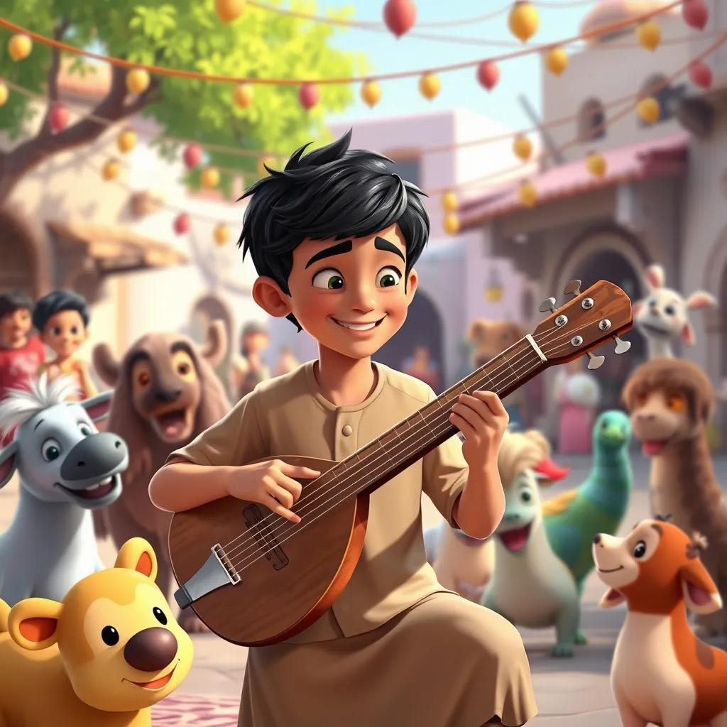 Salim, a young Arab boy with short black hair in a simple shirt, playing the oud in a village square surrounded by friends and animals, colorful scene, joyful expressions, festive atmosphere, illustration, cheerful, adventure-themed, child-friendly