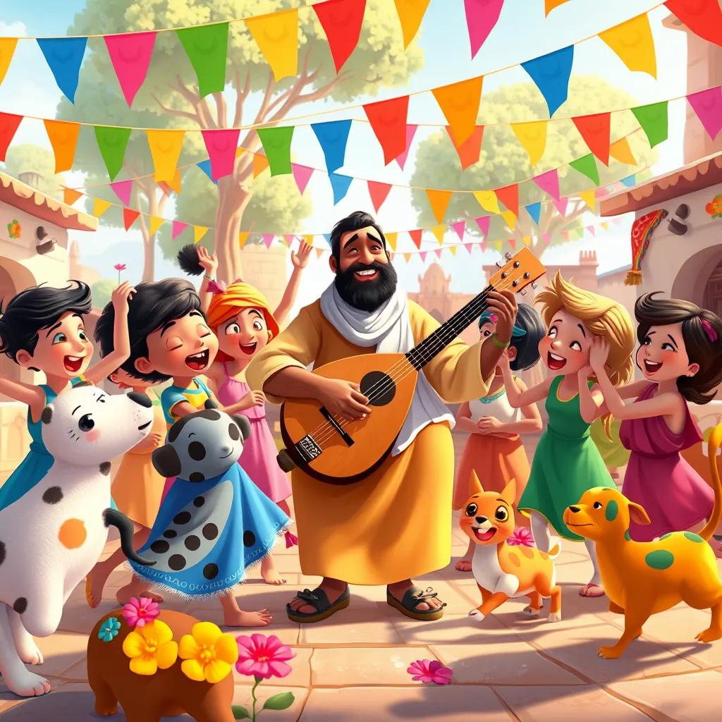 A group of children and animals dancing joyfully around Salim playing the oud, with colorful flags and flowers in the village square, bright colors and happy expressions, lively and community feel, digital painting, uplifting, vibrant