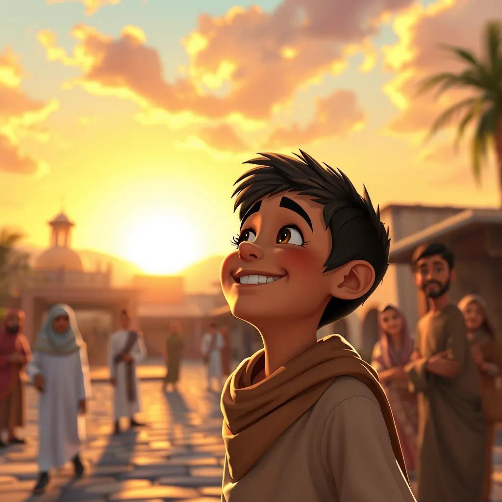 Salim, a young Arab boy with a bright smile, looking at his friends in the village square under a sunset sky, feeling joyful and fulfilled, heartwarming scene, rich colors, uplifting imagery