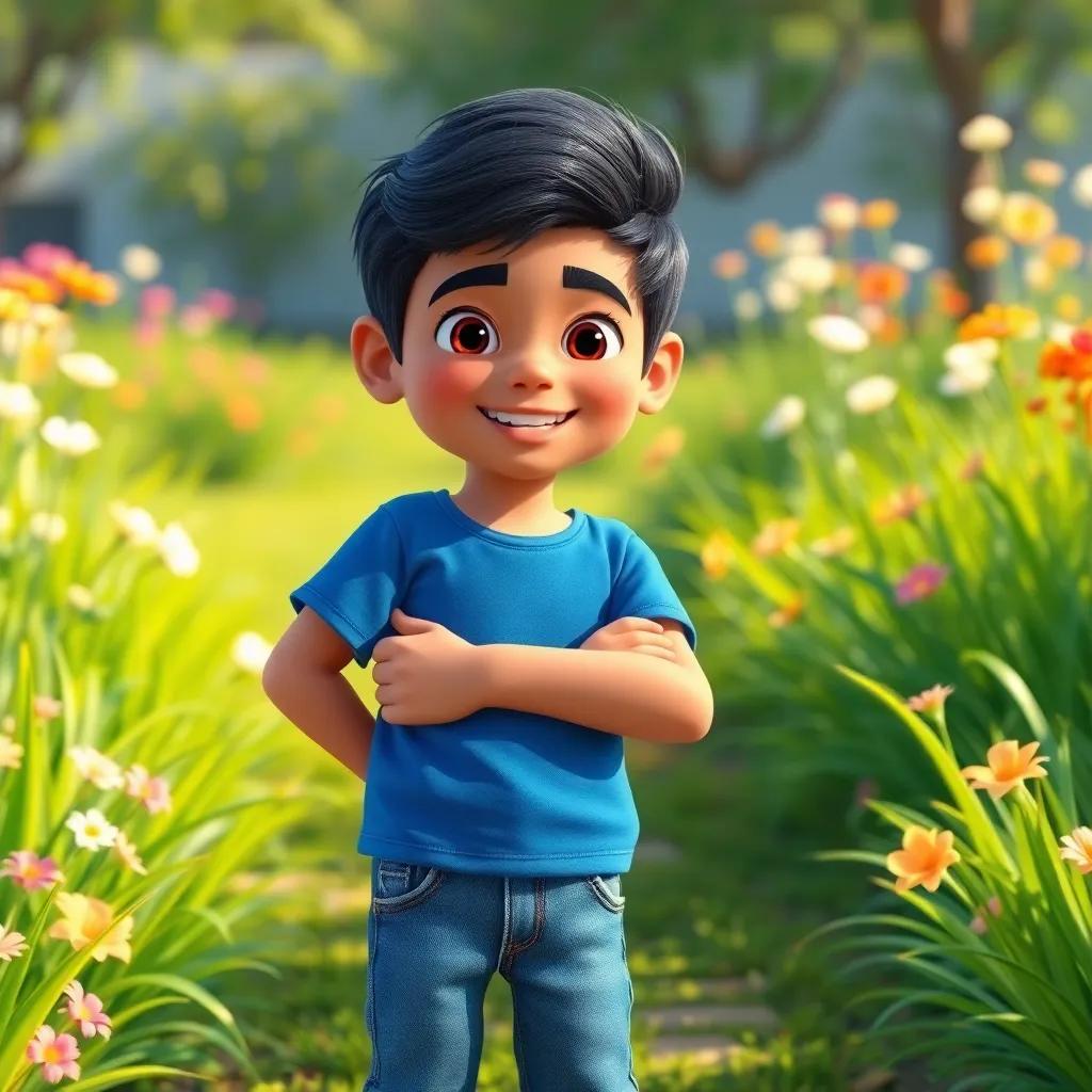 A young Arab boy, Ali, with short black hair wearing a blue t-shirt and jeans, standing in a bright garden with green grass and flowers, smiling happily, digital art, vibrant colors, cheerful atmosphere, high quality