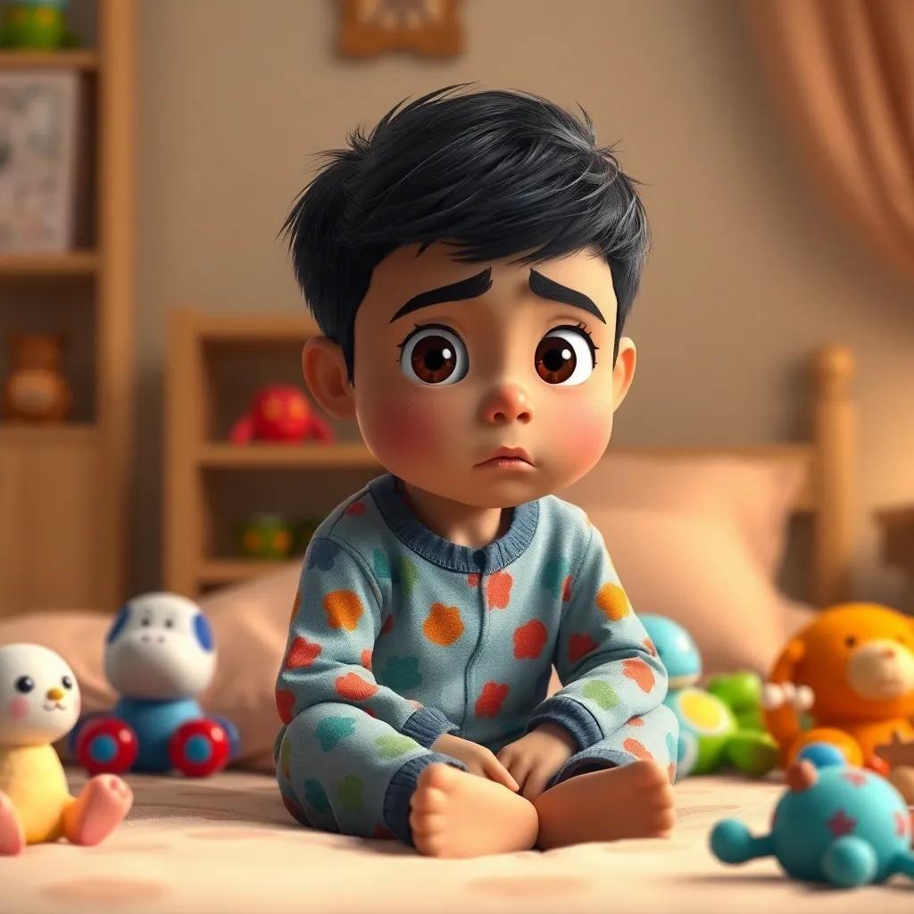 A young Arab boy, Sami, with short, dark hair, wearing colorful pajamas, sitting on his bed with a worried expression, surrounded by toys, warm light, cozy room, digital art, inviting atmosphere, high quality