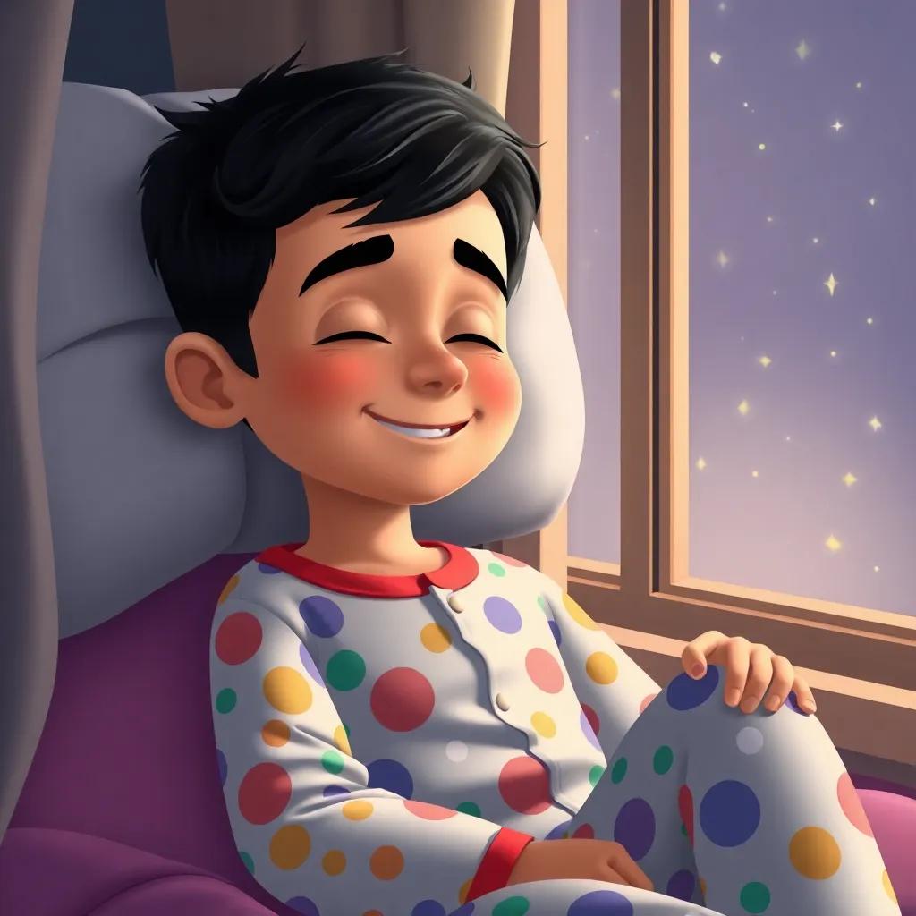 A young Arab boy, Sami, with short, dark hair, wearing colorful pajamas, sleeping soundly with a smile, dreaming of adventures, stars twinkling outside his window, nighttime, soft colors, comforting, peaceful environment, high quality