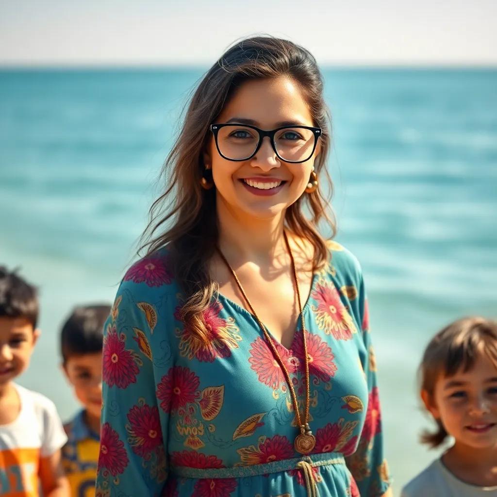 A teacher named Leila, a Middle-Eastern woman in her 30s, wearing a colorful dress and glasses, standing by the beach with children around her, sunny day, bright blue sea, welcoming atmosphere, digital art, warm colors, engaging view