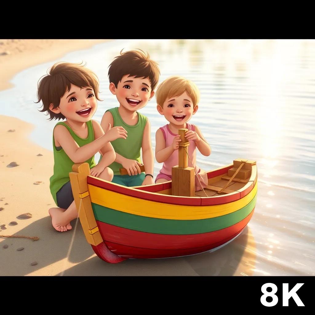 Children playing by the beach, building a small colorful boat with wood, smiling and laughing, bright sunlight reflecting on the water, joyful scene, illustration, cheerful, child-friendly