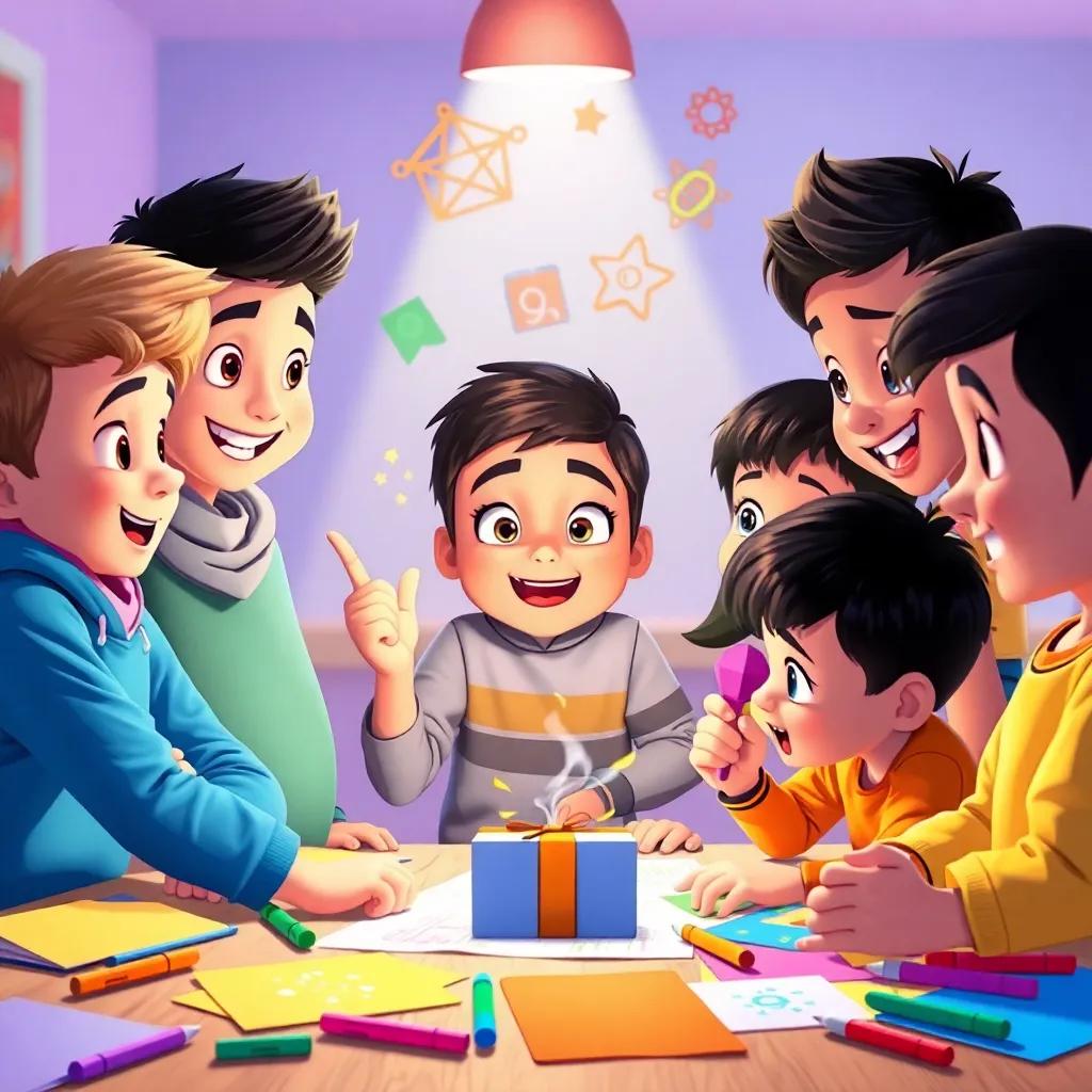 Sami and his friends brainstorming ideas for a surprise gift for their parents, each child showing excitement and creativity, colorful paper and markers around them, bright ambiance, playful scene, child-friendly