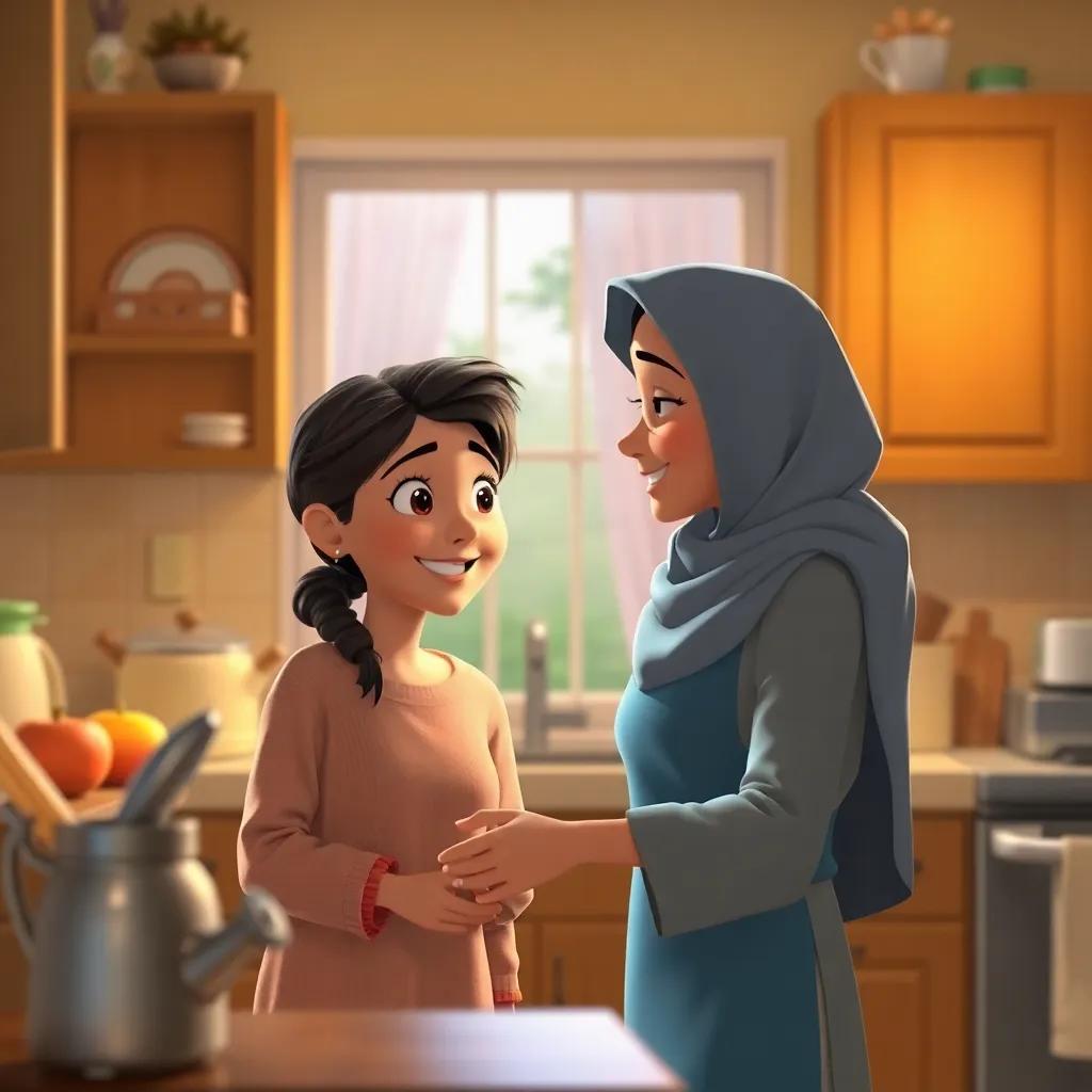 Sami watching his mother smile as she helps a neighbor, feeling inspired by her kindness, warm kitchen light, inviting atmosphere, heartwarming scene
