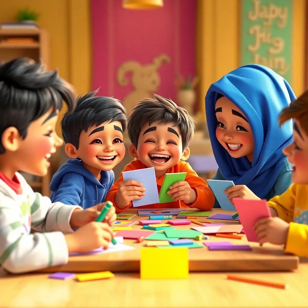 Sami and his friends crafting colorful cards together on a table, laughter and joy in their expressions, bright colors everywhere, friendship theme, lively setting