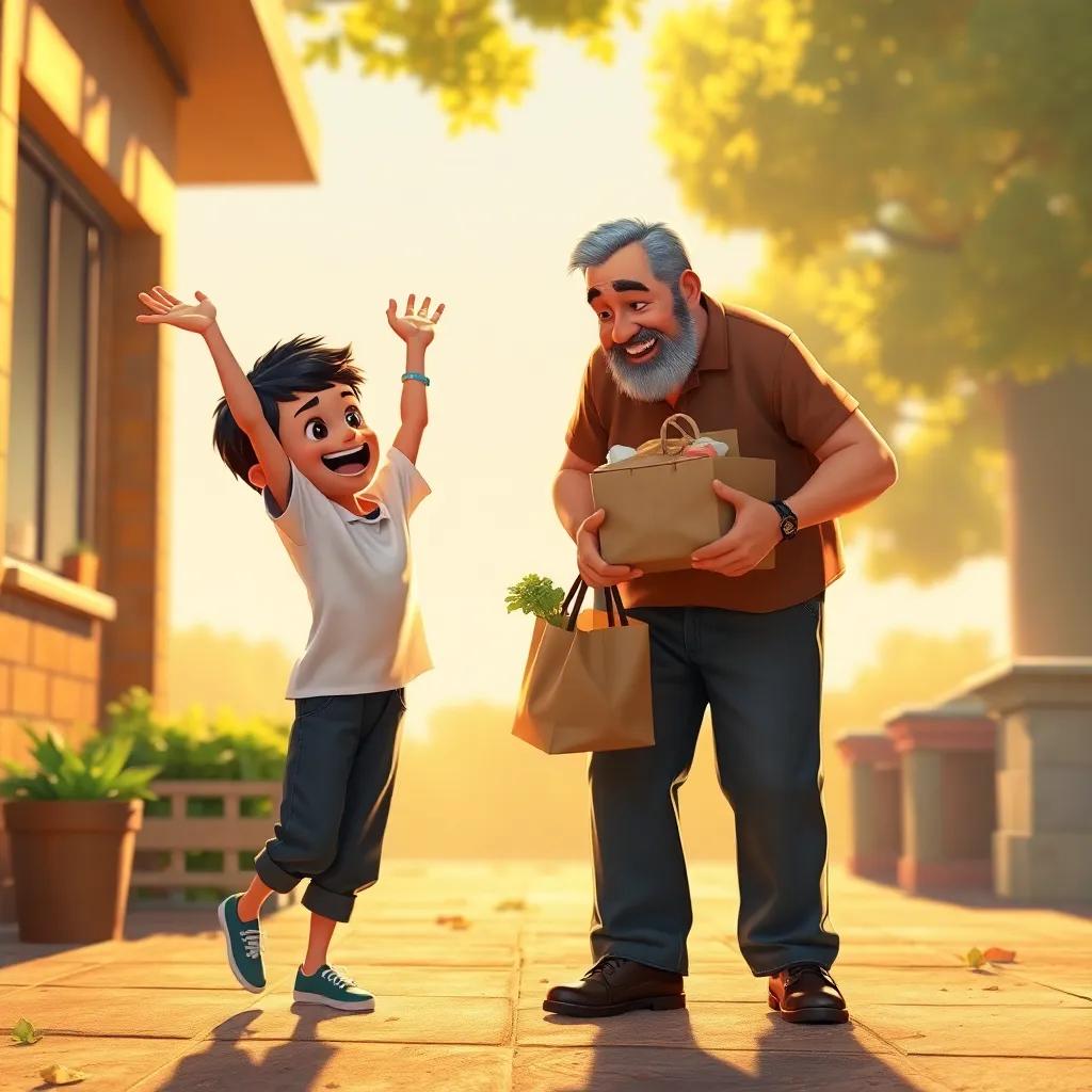 Sami excitedly helping his father with heavy groceries, depicting teamwork and care between them, outdoor scene, warm sunlight casting shadows, vibrant