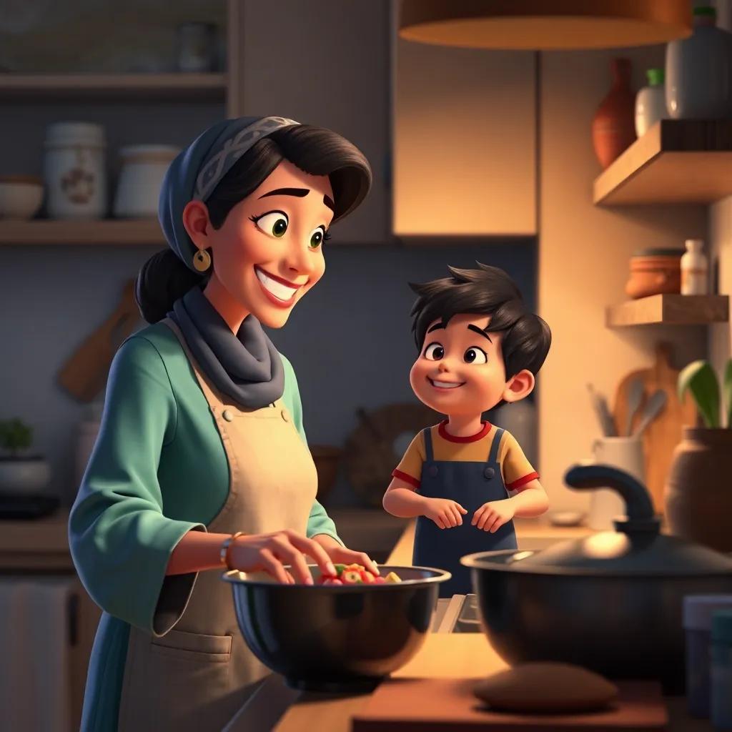 Sami's mother in the kitchen cooking and smiling at him, conveying love and warmth, cozy indoor scene, family feel, soft lighting