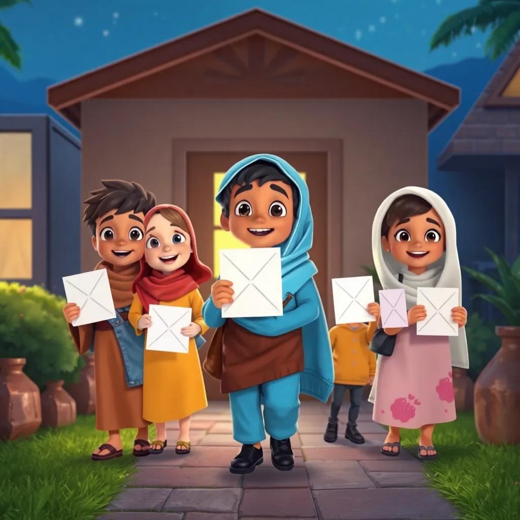 Sami returning home with his friends, all looking eager and joyful, carrying handmade cards in their hands, inviting atmosphere, friendly neighborhood setting